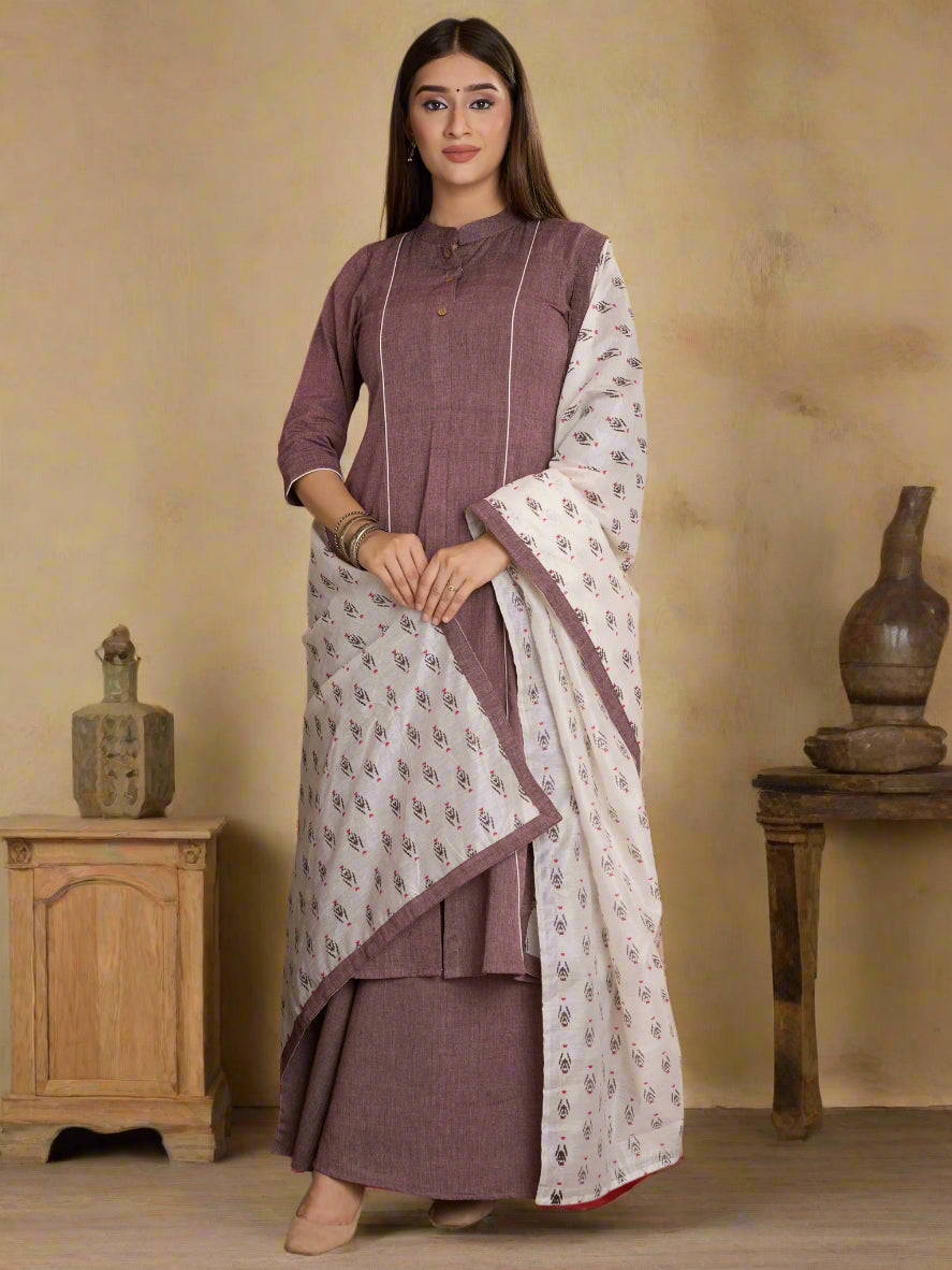Earthy Violet Handloom Kurta set (optional block printed dupatta)