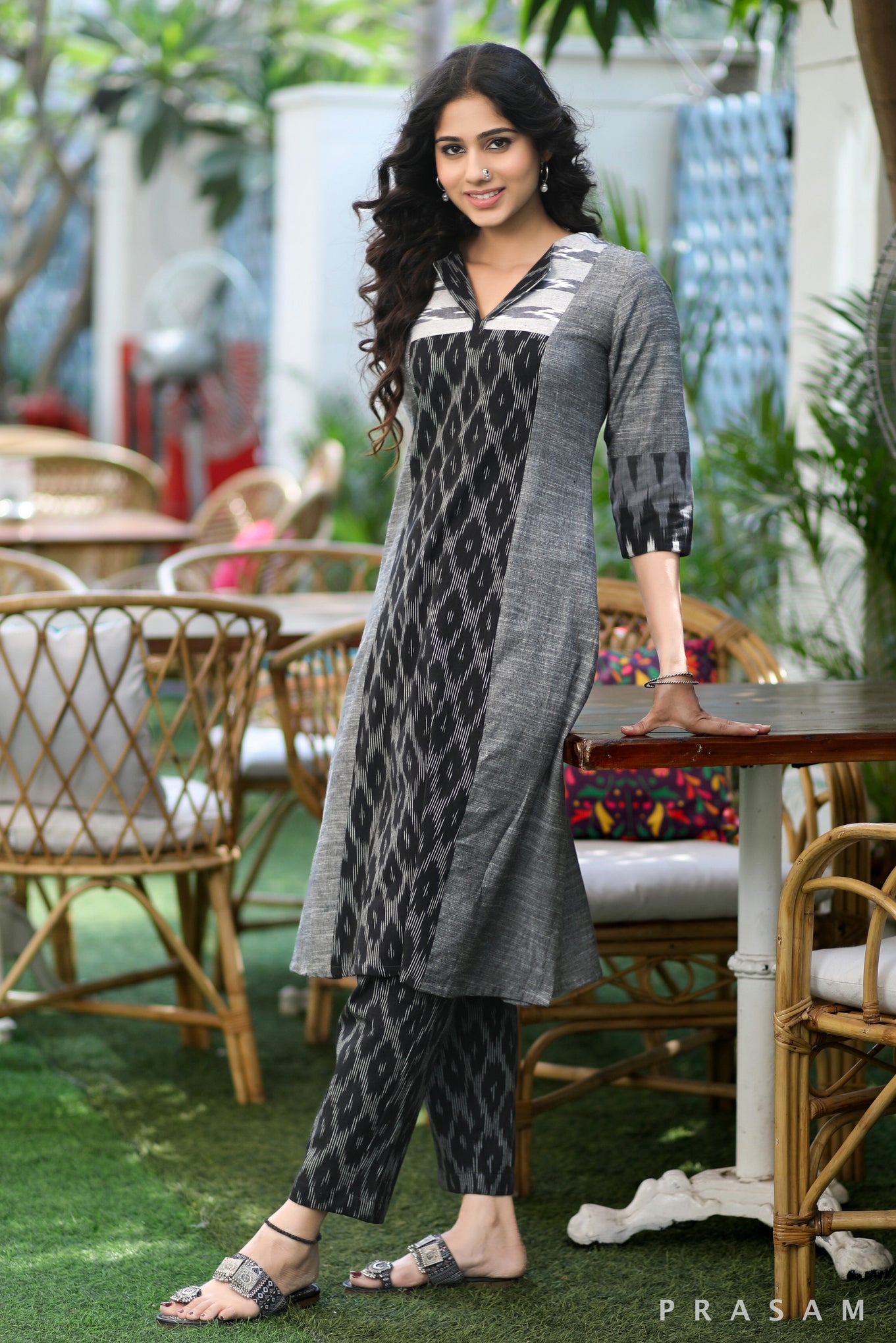 Textile Tapestry - Stylish Fusion Grey Ikat Kurti (Optional Pants)