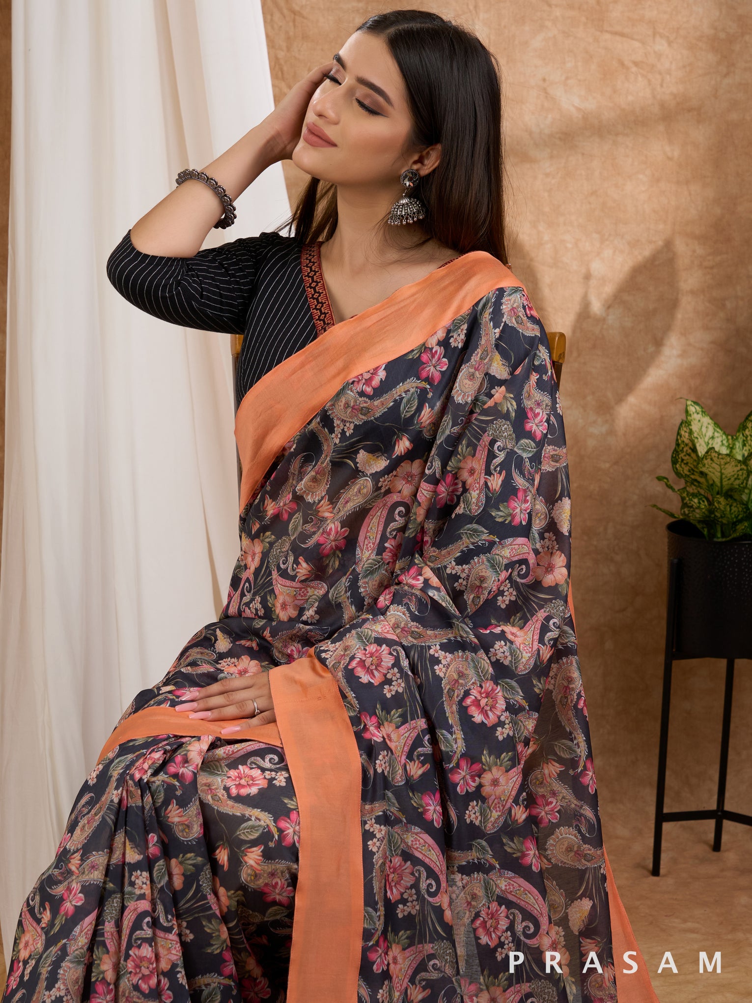 Kalika - Printed Chanderi Black Saree with Peach Border