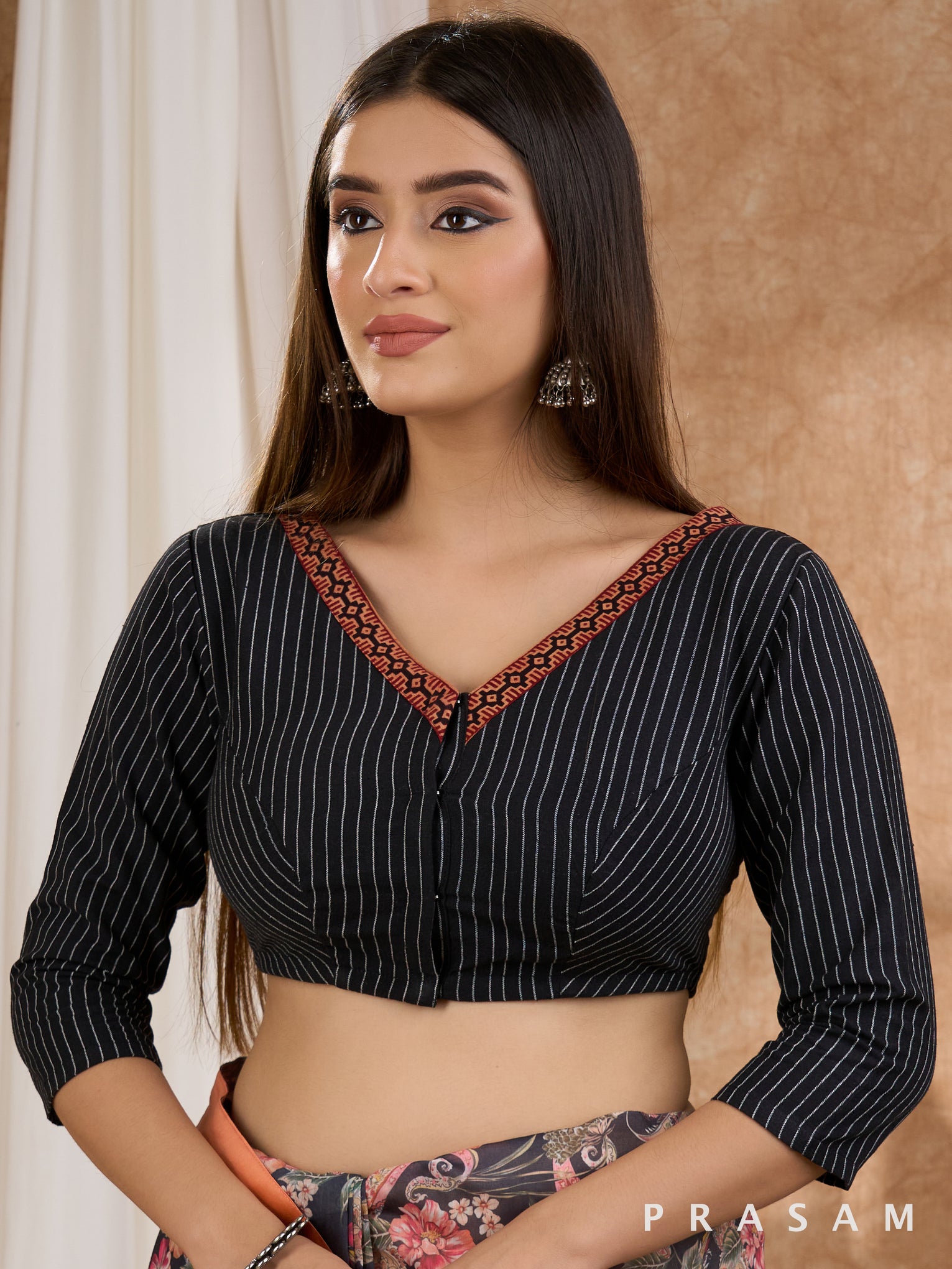 Black Blouse with Ajrakh Border Trim on Neckline