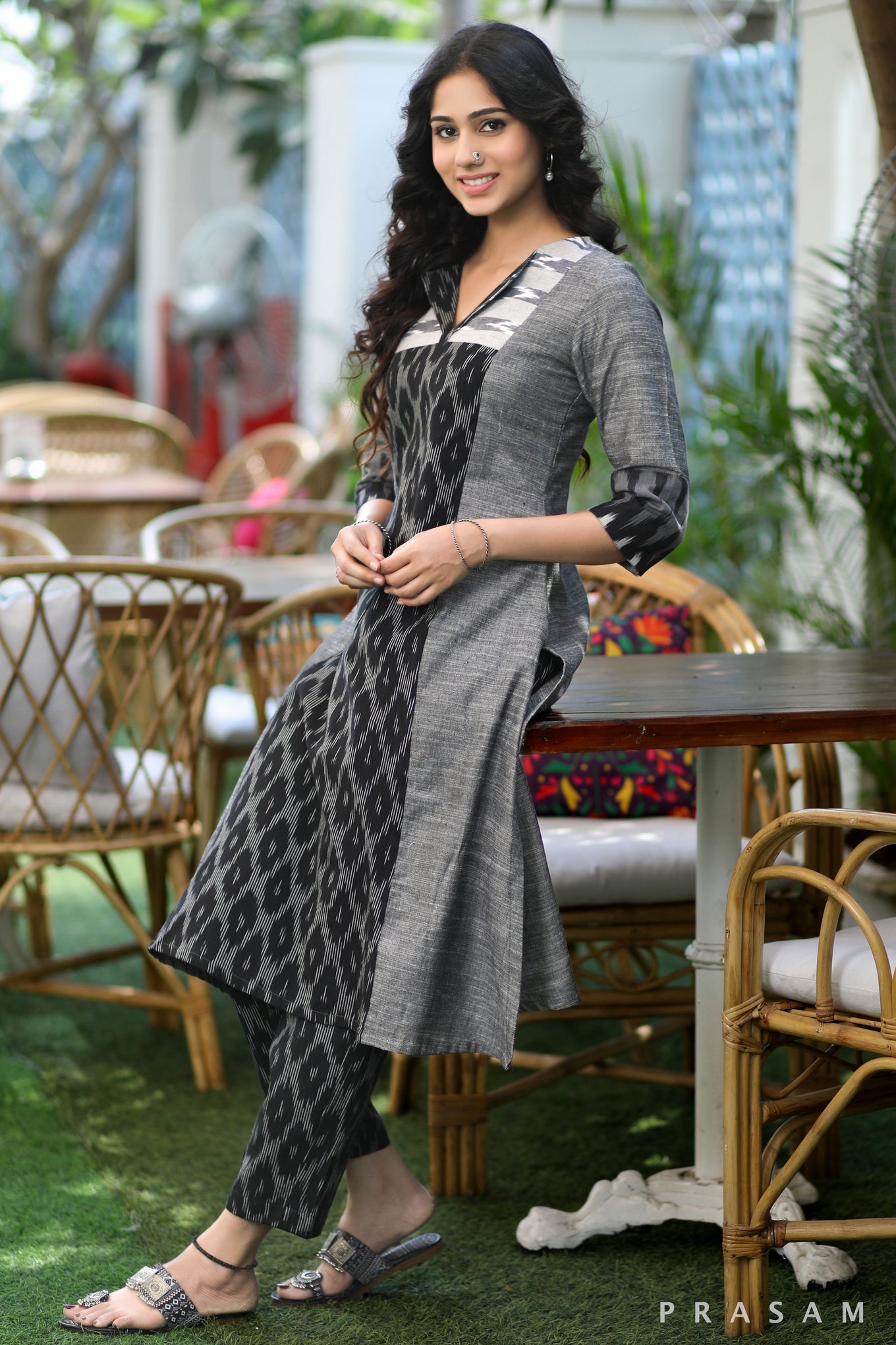 Textile Tapestry - Stylish Fusion Grey Ikat Kurti (Optional Pants)