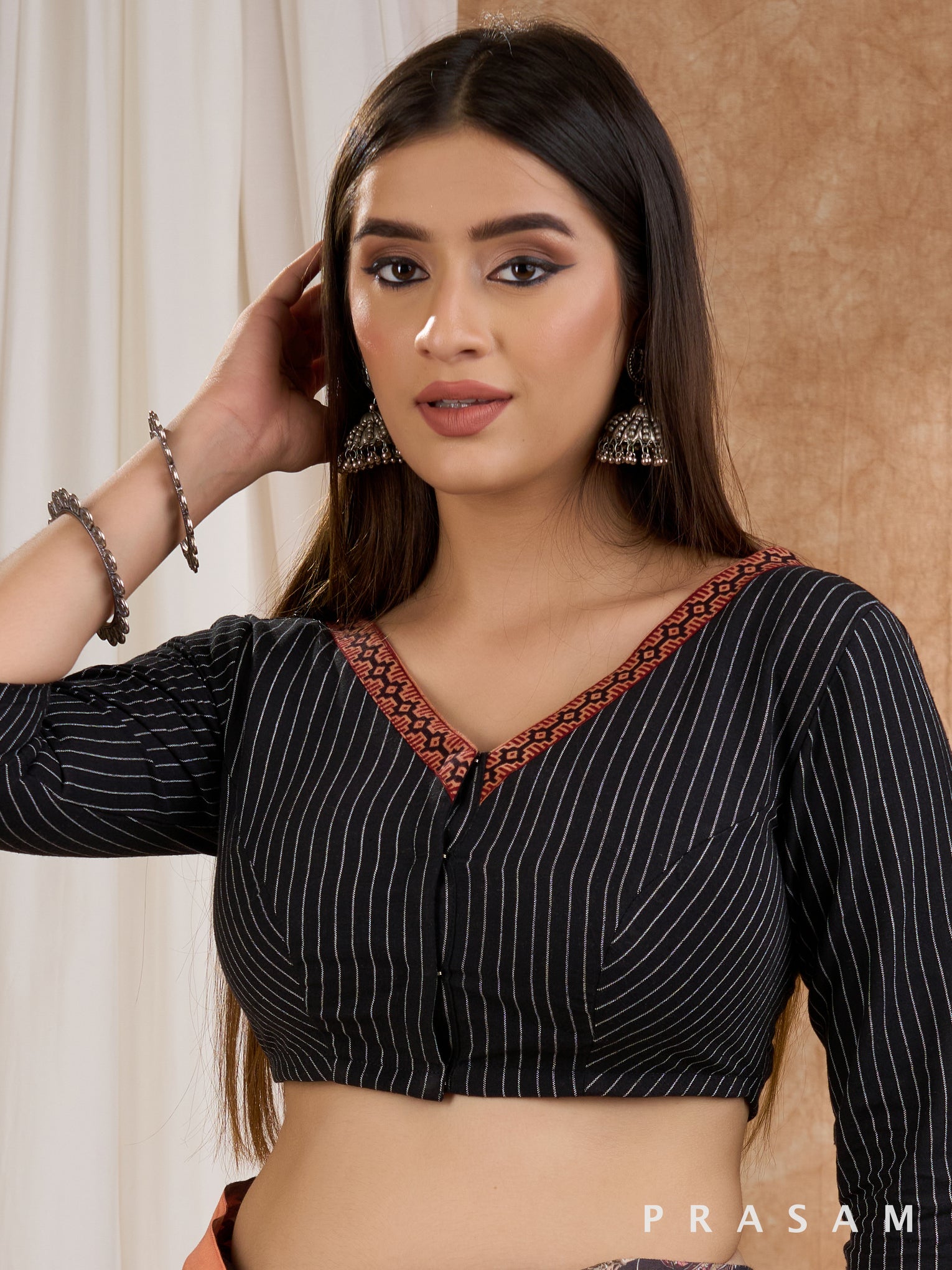 Black Blouse with Ajrakh Border Trim on Neckline