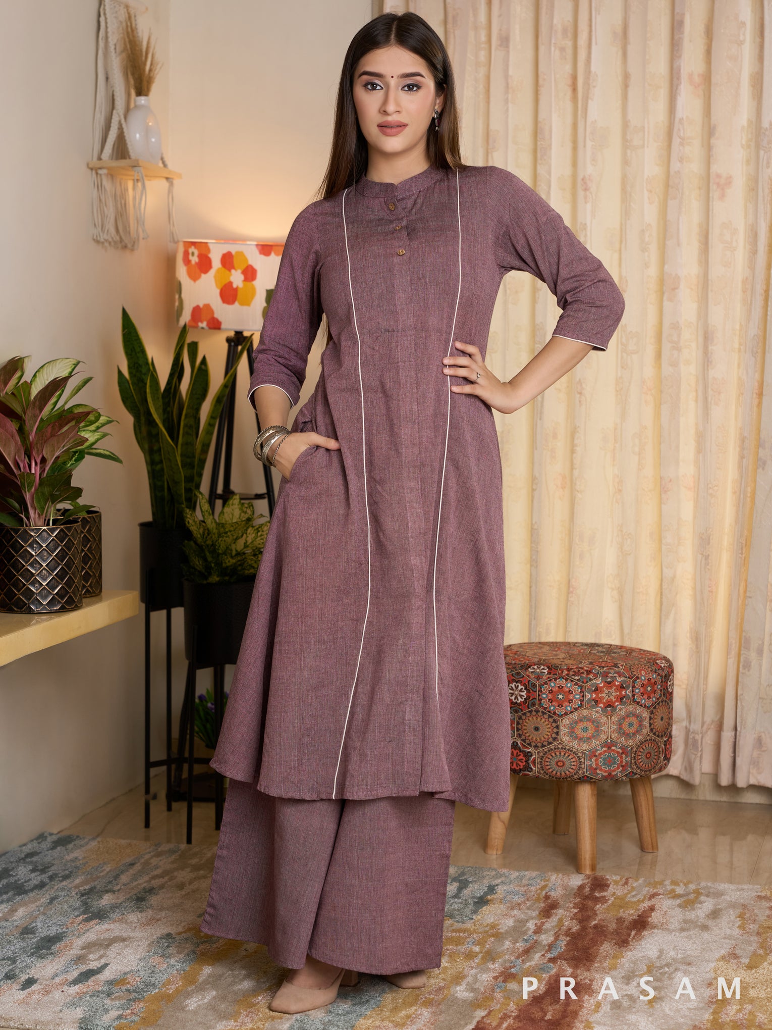 Earthy Violet Handloom Kurta set (optional block printed dupatta)