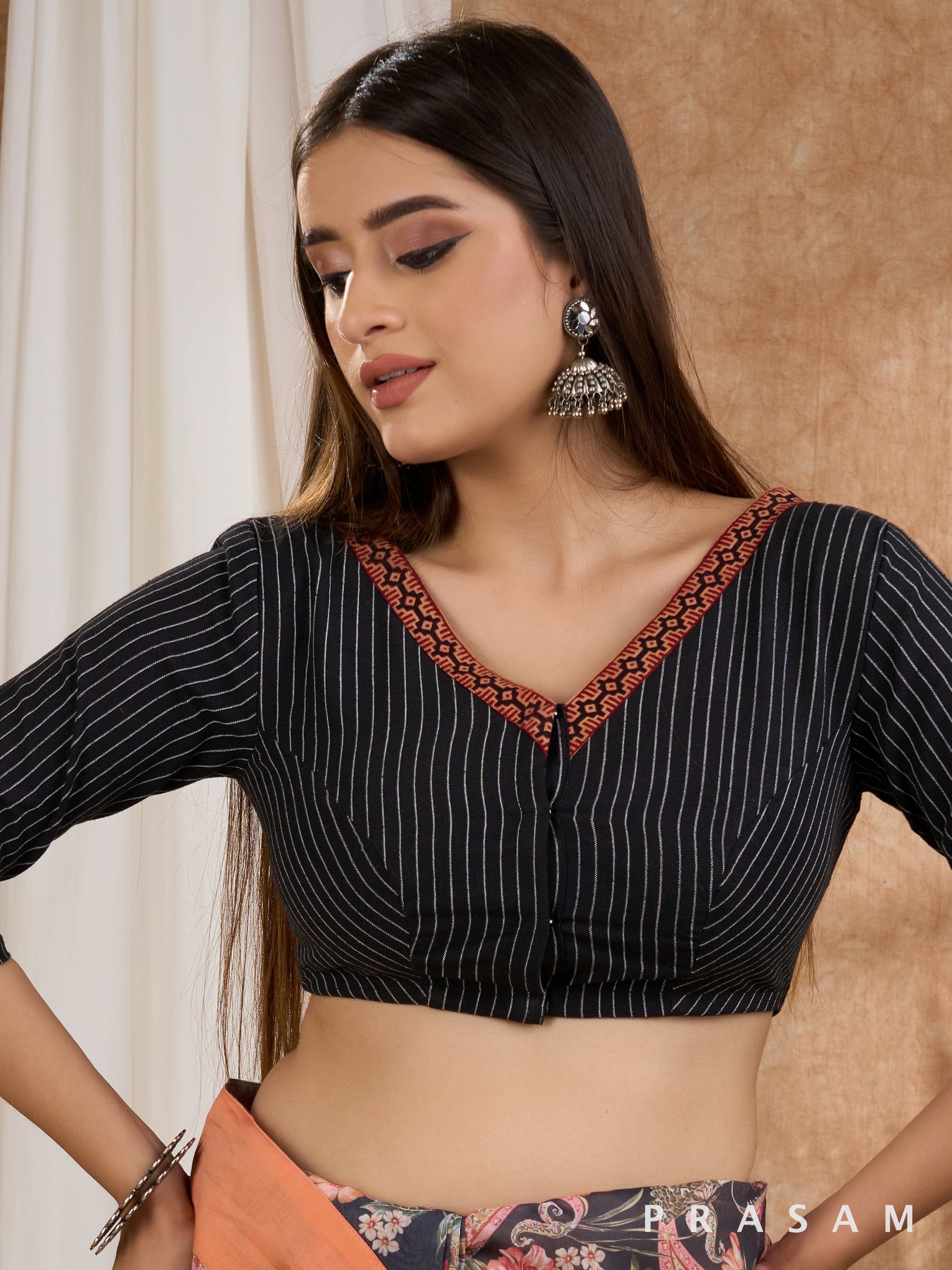 Black Blouse with Ajrakh Border Trim on Neckline