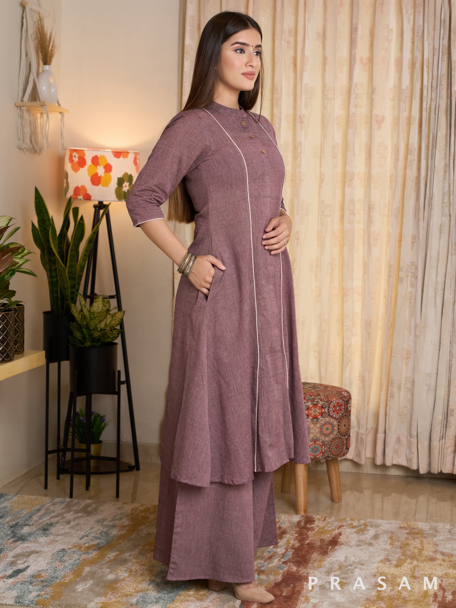 Earthy Violet Handloom Kurta set (optional block printed dupatta)