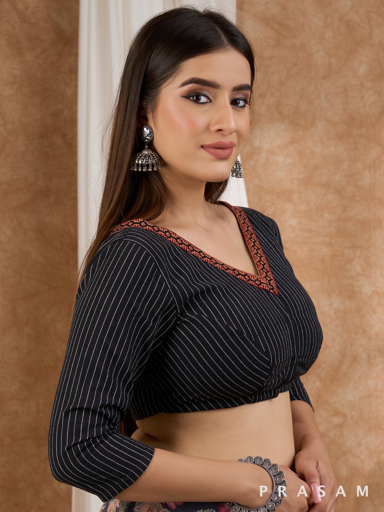 Black Blouse with Ajrakh Border Trim on Neckline