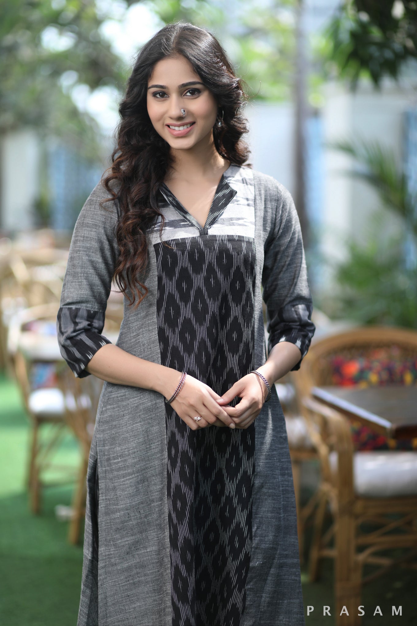 Textile Tapestry - Stylish Fusion Grey Ikat Kurti (Optional Pants)