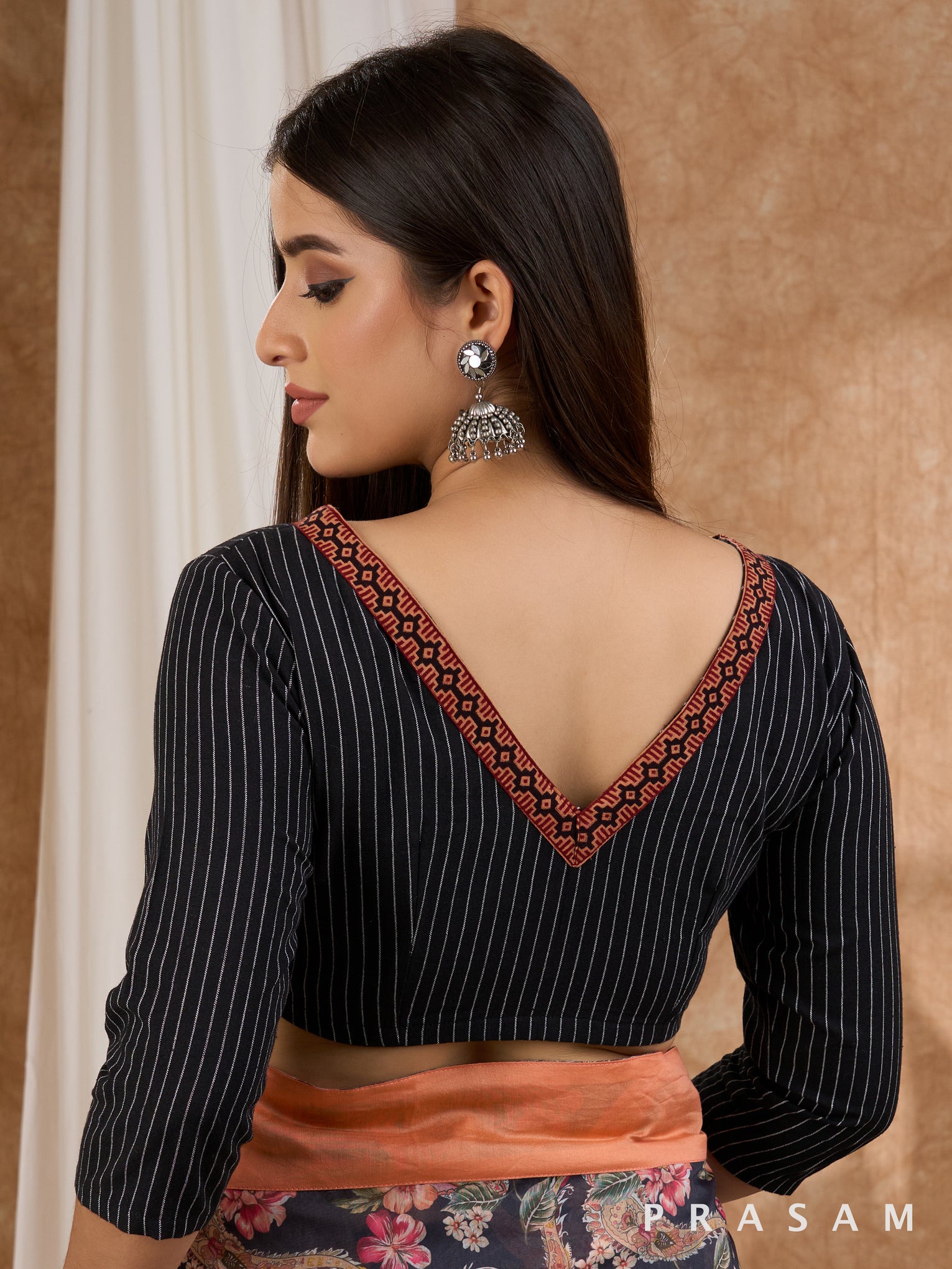 Black Blouse with Ajrakh Border Trim on Neckline