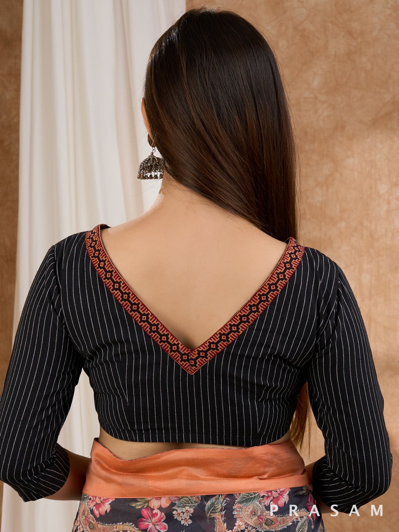 Black Blouse with Ajrakh Border Trim on Neckline