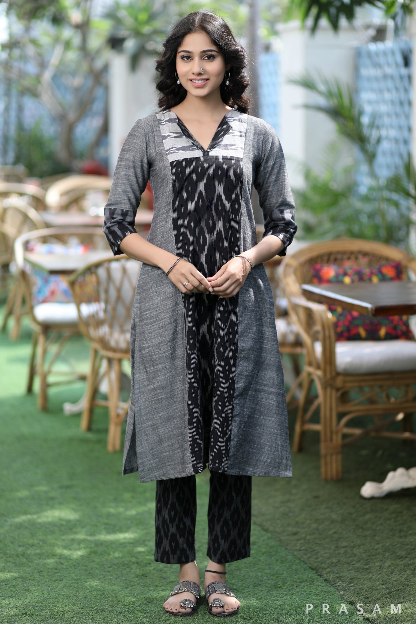 Textile Tapestry - Stylish Fusion Grey Ikat Kurti (Optional Pants)