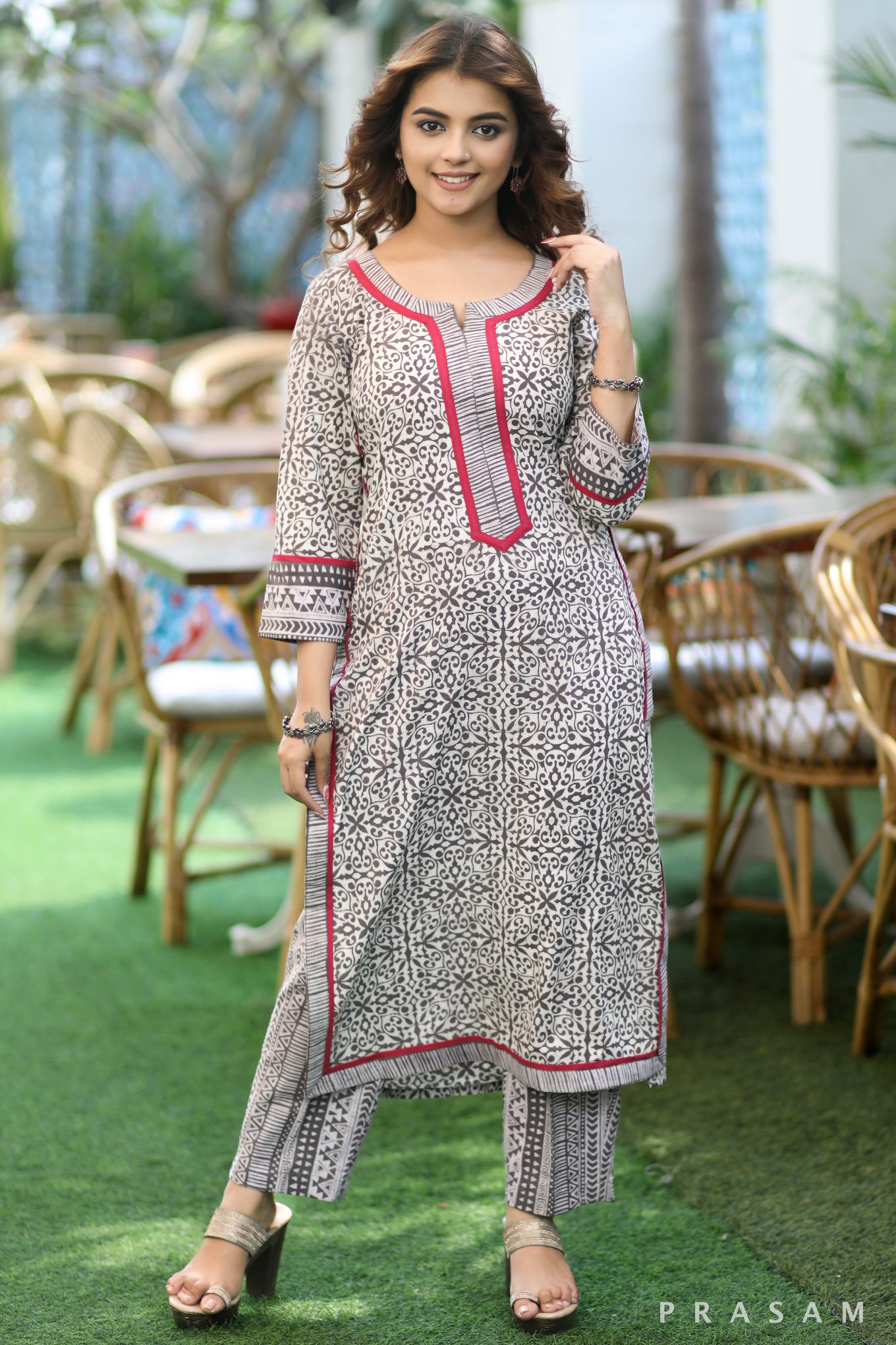 Neutral Chic - Pretty Earthy Coloured Kurti With Rani Pink Trims (Optional Pants)