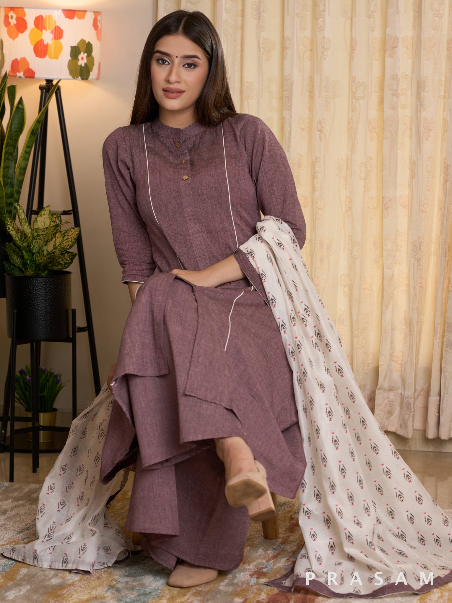 Earthy Violet Handloom Kurta set (optional block printed dupatta)