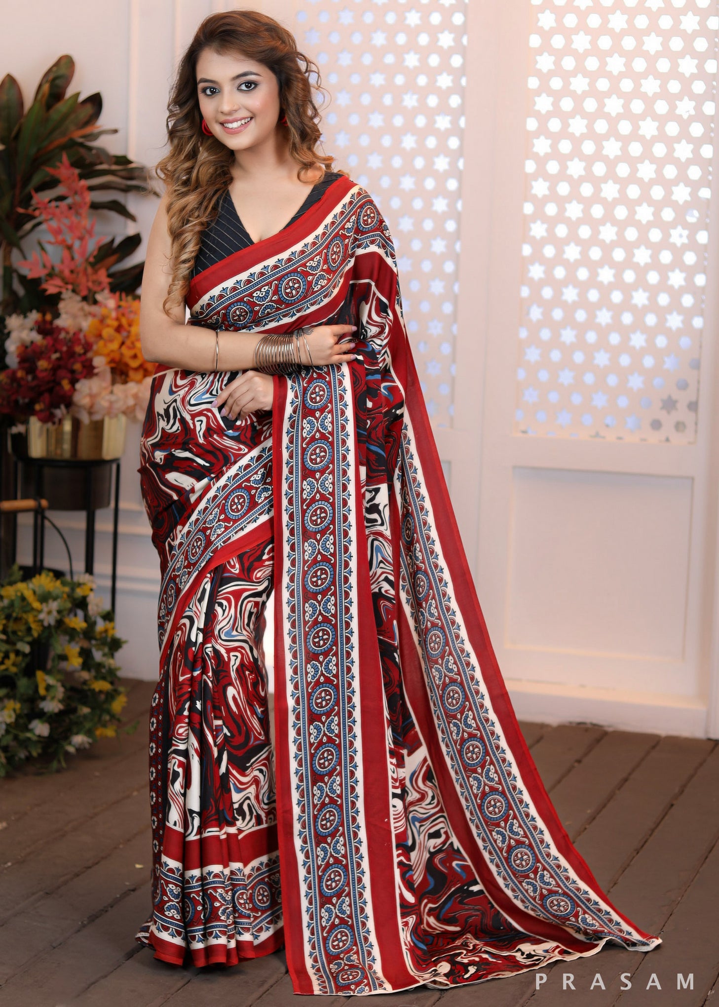 Radiant Ruby Beautiful dark red ajrakh silk modal saree