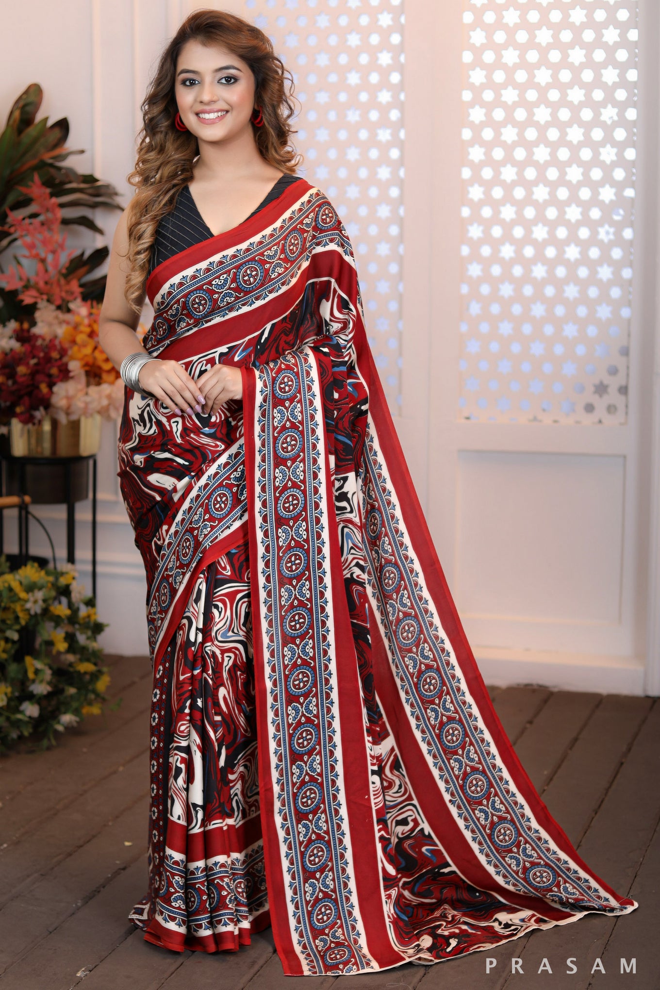 Radiant Ruby Beautiful dark red ajrakh silk modal saree