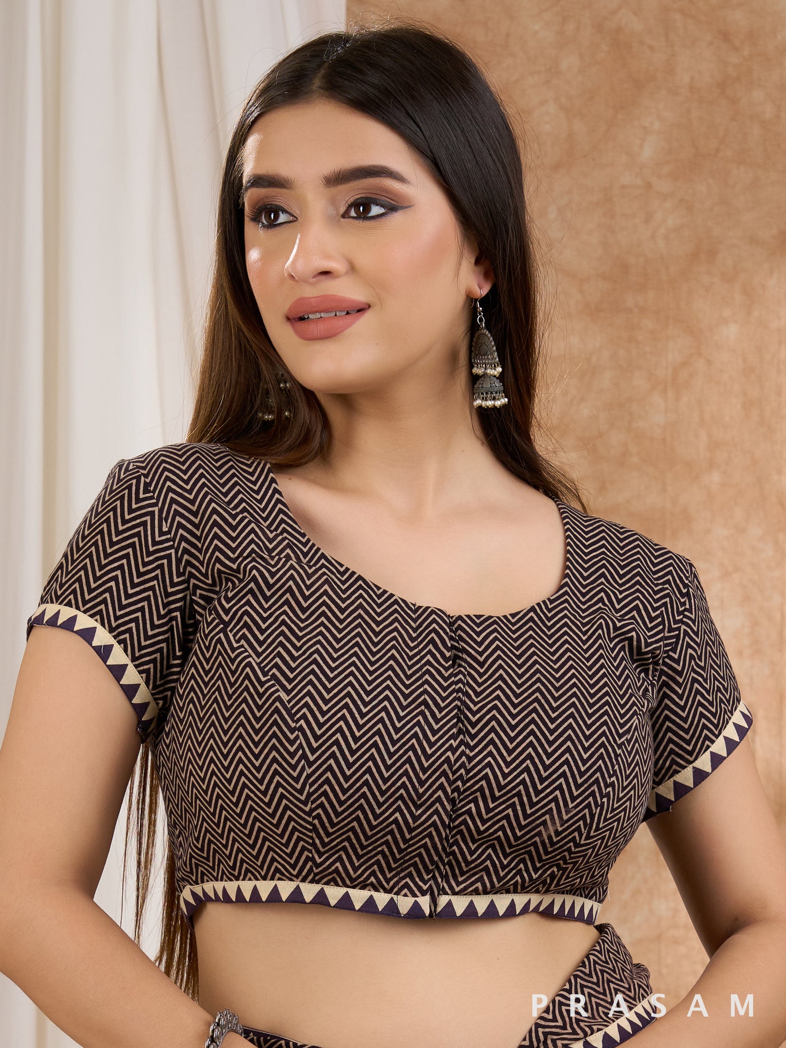 Black and Beige Zig-Zag Ajrakh Blouse with Trims