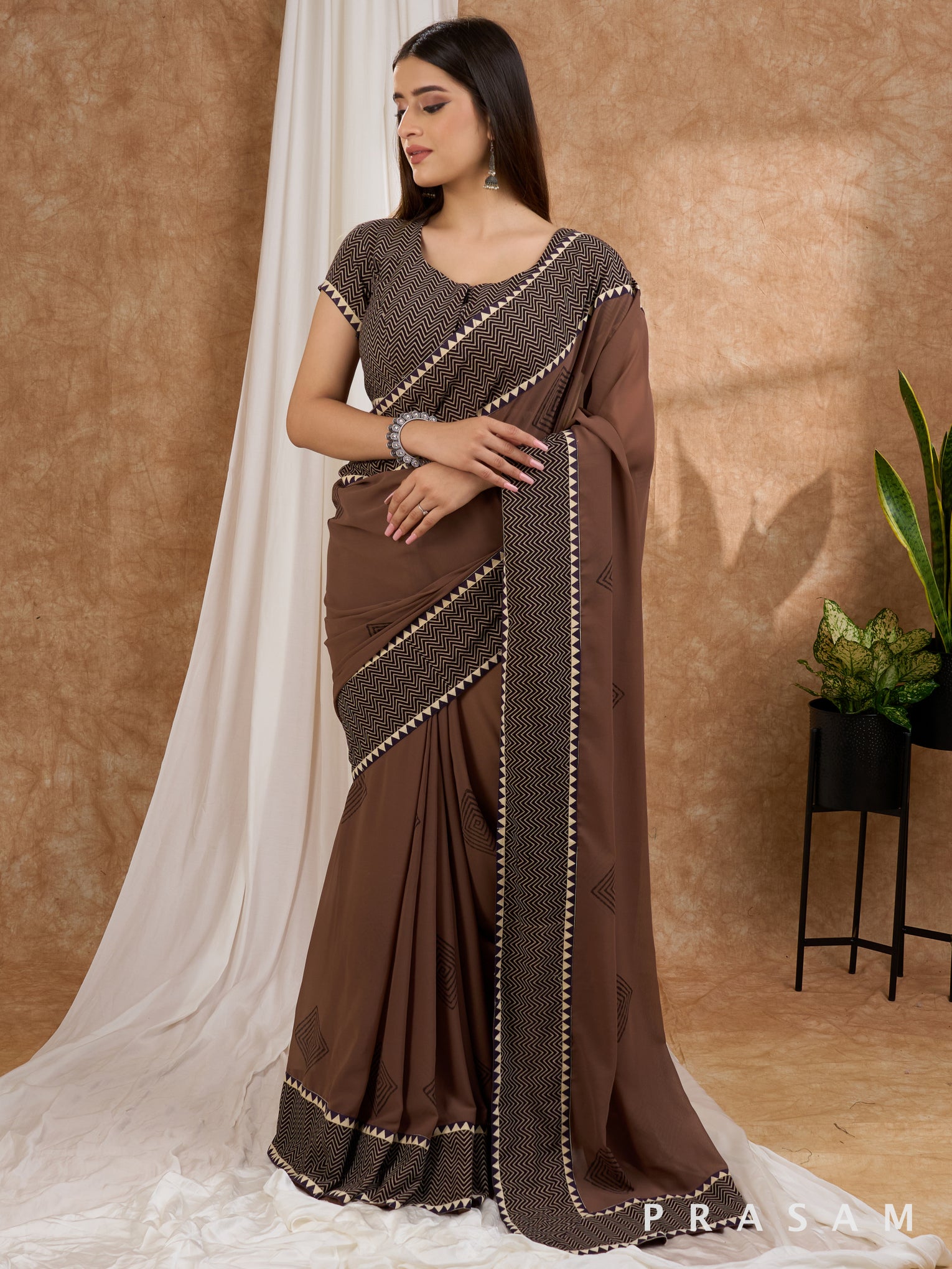 Chhaap - Brown Block Printed Georgette Saree with Ajrakh Border