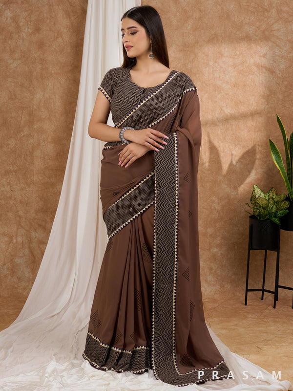 Chhaap - Brown Block Printed Georgette Saree with Ajrakh Border saree