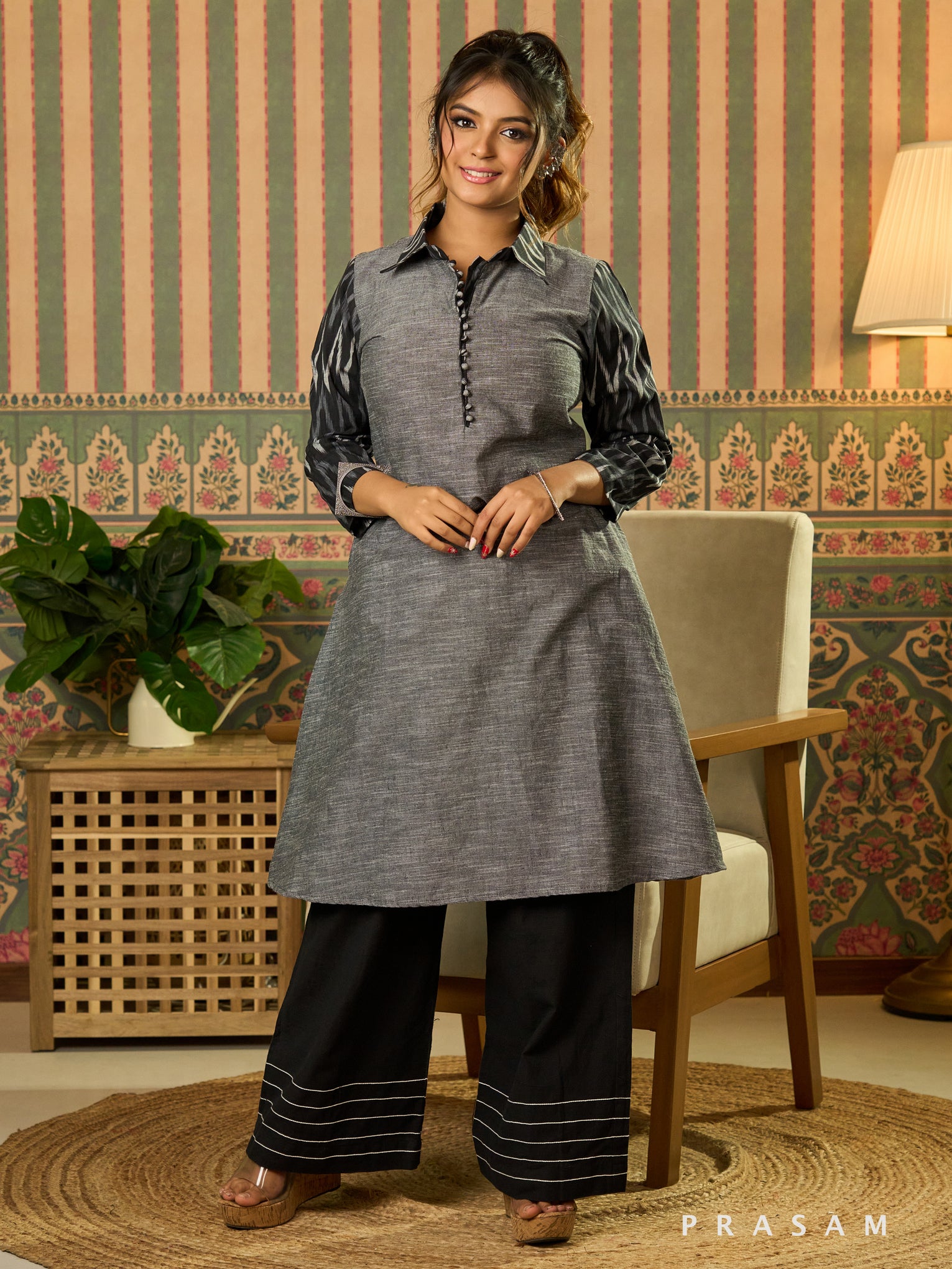 Nayra Grey Ikat Fusion Kurta Set