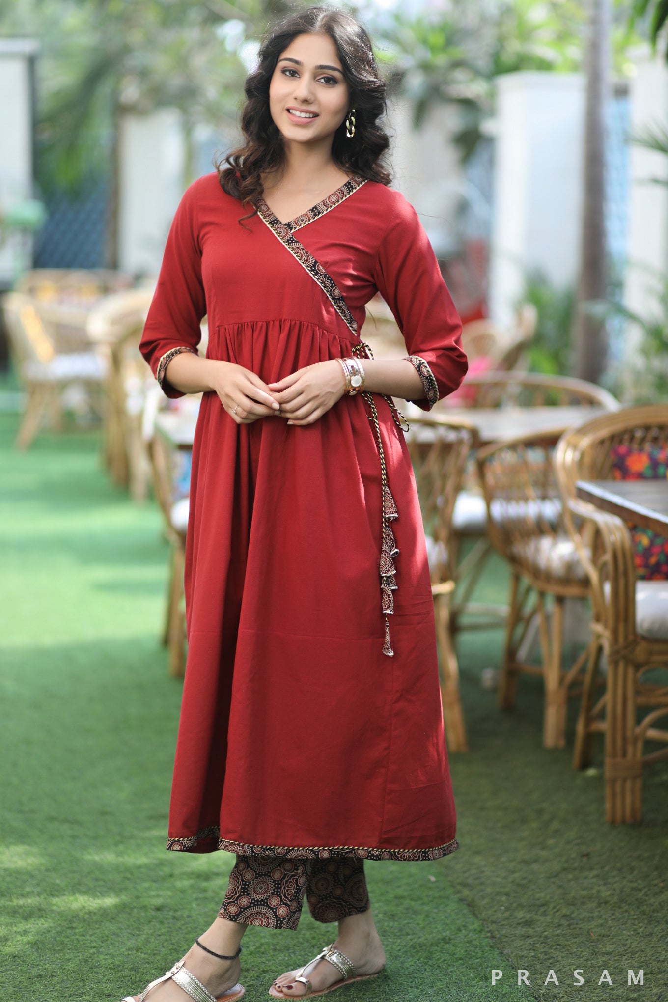 Vibrant Ajrakh Bliss Flattering Handloom Cotton Angrakha Style Kurti Set With Golden Piping Detailings