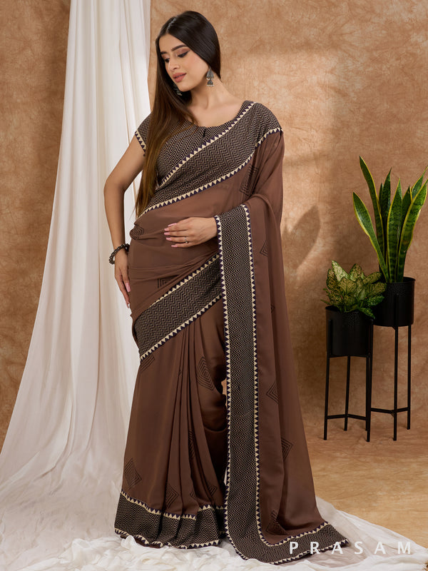 Chhaap - Brown Block Printed Georgette Saree with Ajrakh Border saree