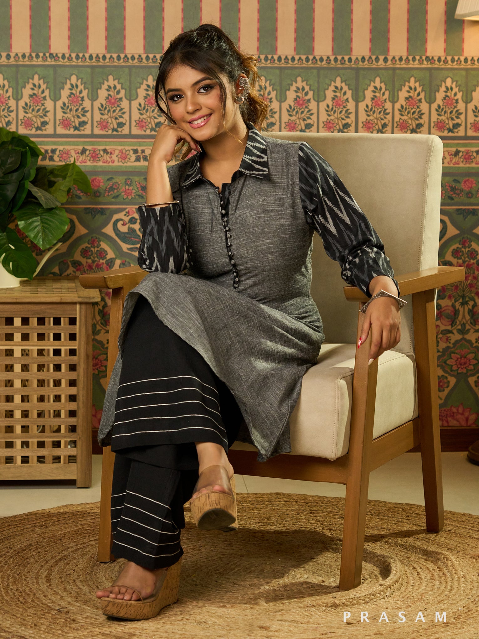 Nayra Grey Ikat Fusion Kurta Set