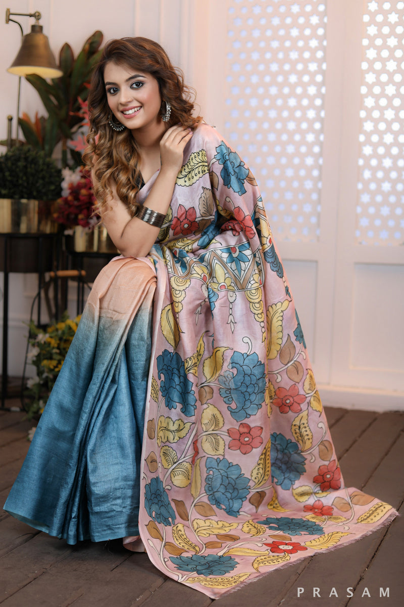 Blooming Threads Chic handpainted turquoise and pink silk saree