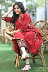 Vibrant Ajrakh Bliss - Flattering Handloom Cotton Angrakha Style Kurti With Golden Piping Detailings (Pants Optional)