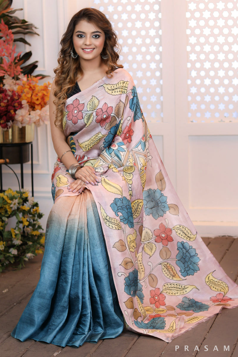 Blooming Threads Chic handpainted turquoise and pink silk saree