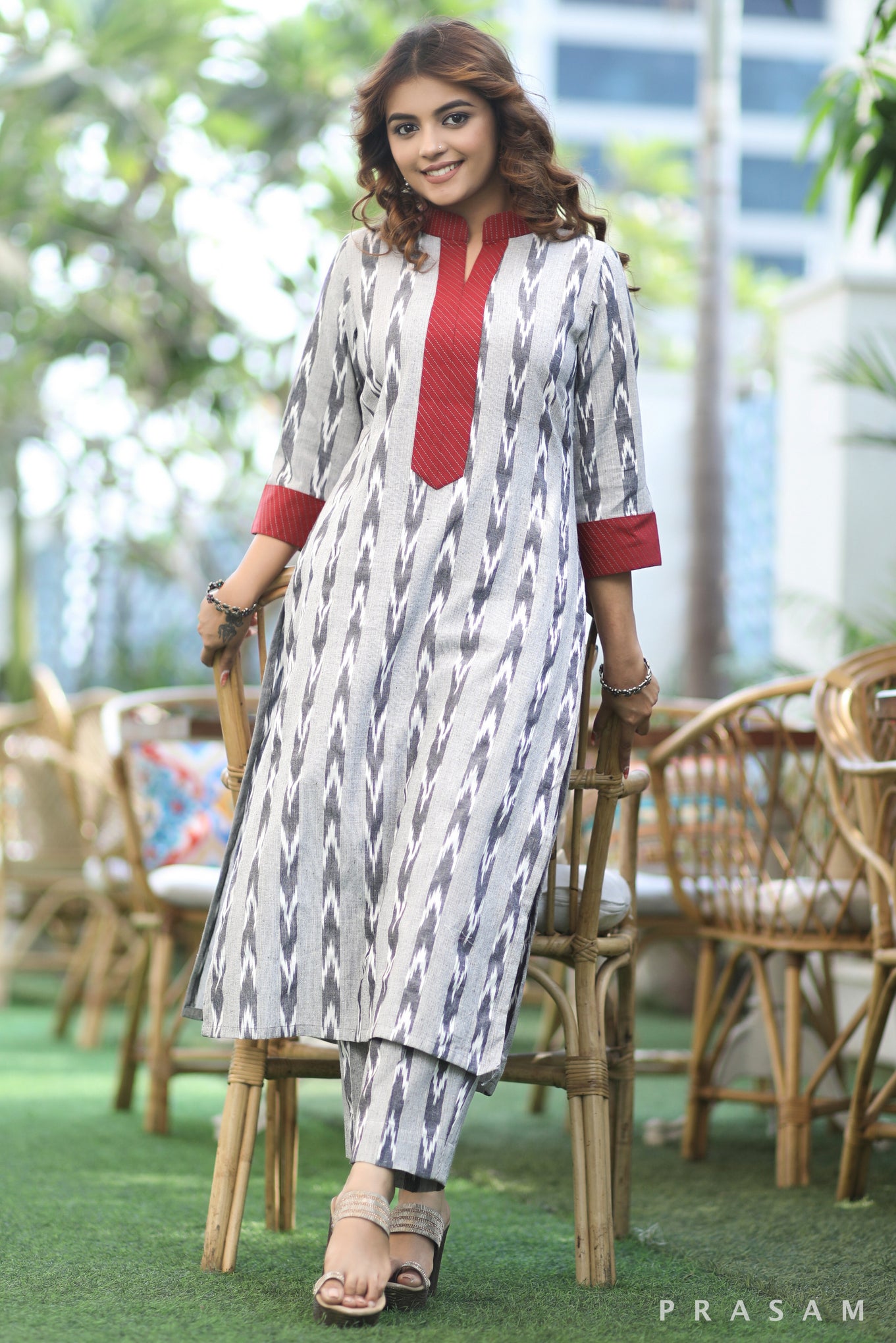 Sleeky Grey Ikat - Smart Grey Ikat Kurti With Maroon Detailings (Optional Pants)