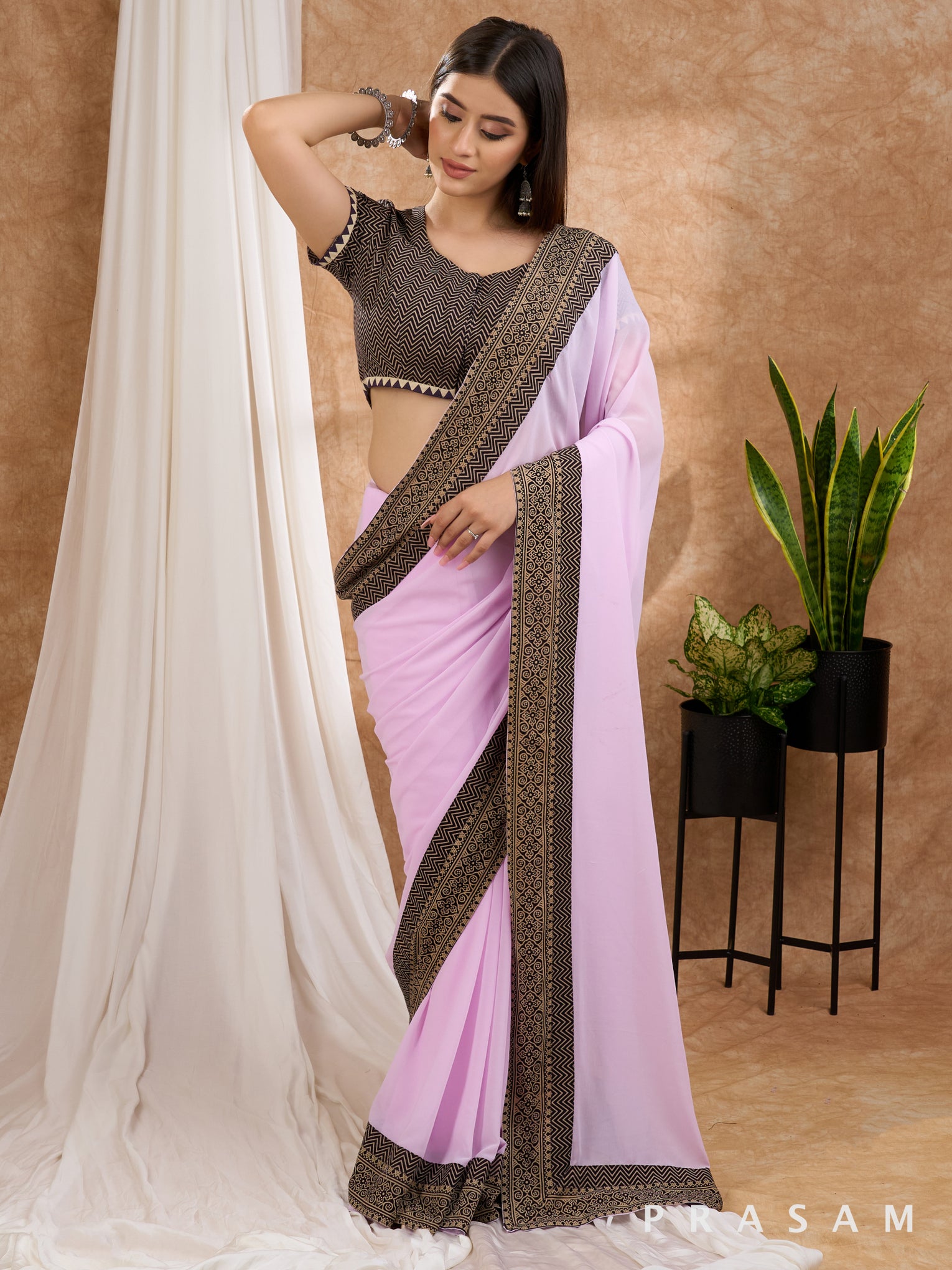 Mehak - Lavender Mauve Georgette Saree with Ajrakh Border