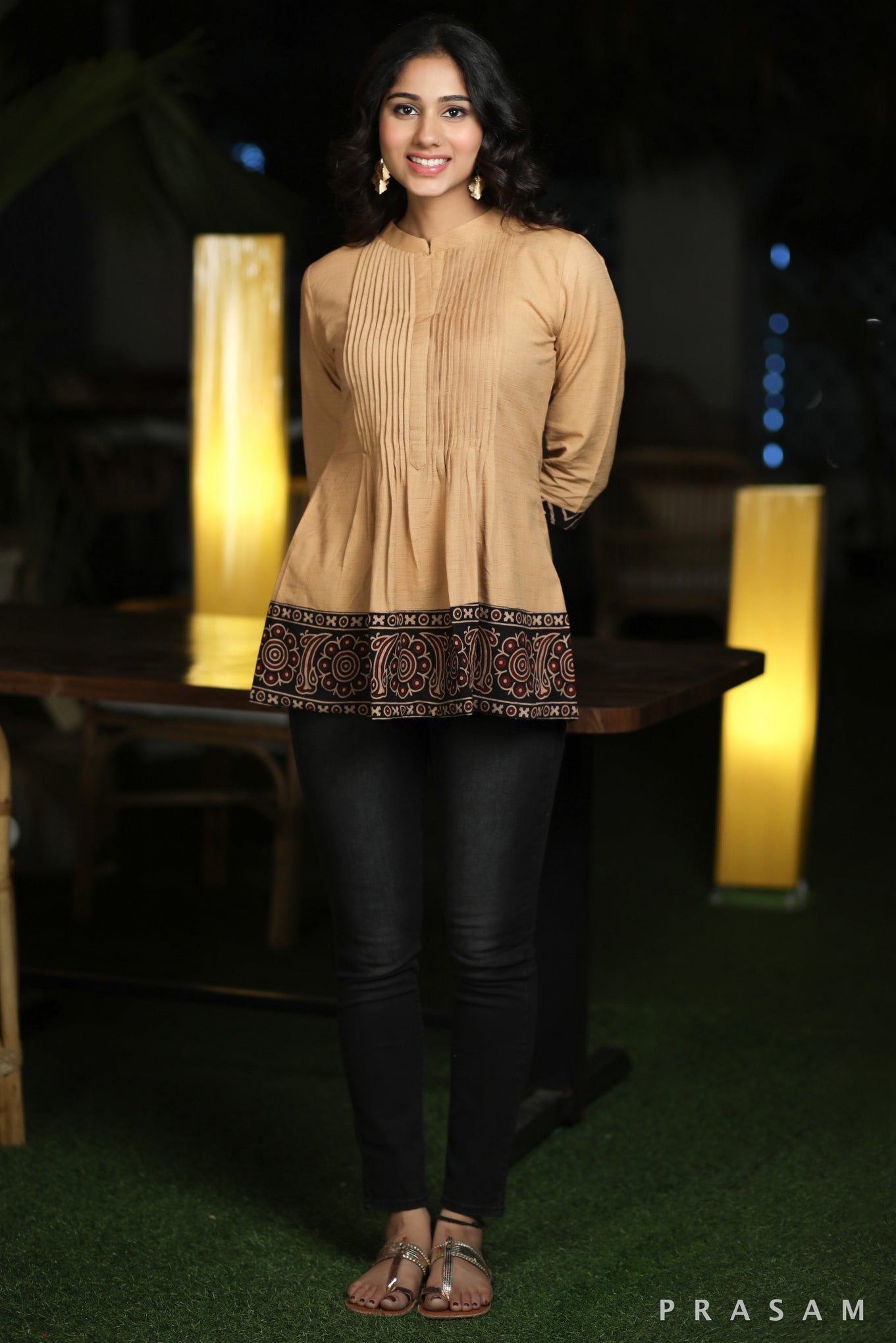 Ethno Traditions  Indo Western Handloom Cotton Tunic With Pleated Details And Ajrakh Borders