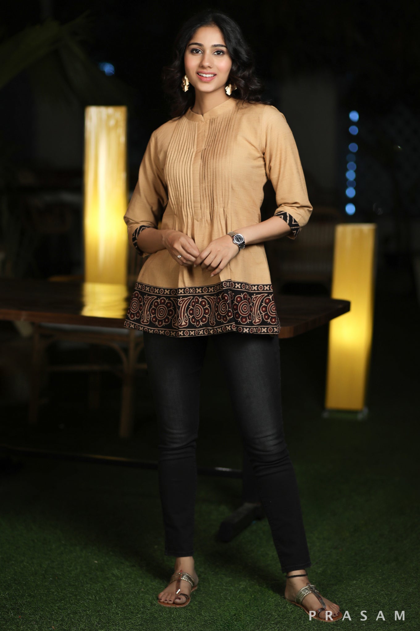 Ethno Traditions  Indo Western Handloom Cotton Tunic With Pleated Details And Ajrakh Borders