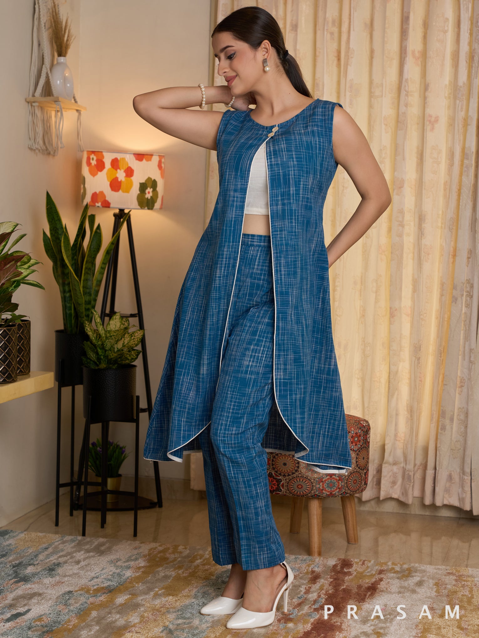 Aegean Blue Handloom Top and Pant Set with Inner Tunic