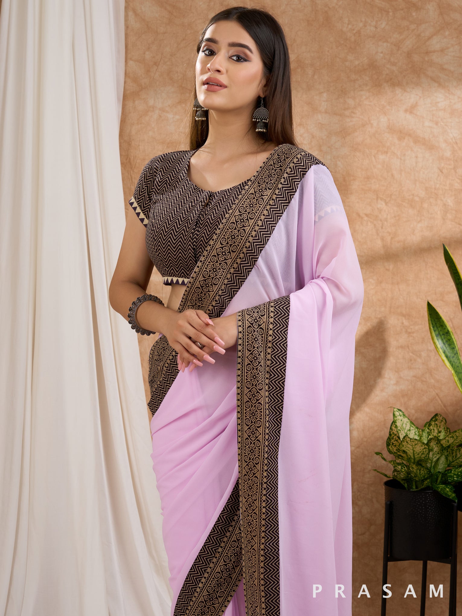 Mehak - Lavender Mauve Georgette Saree with Ajrakh Border