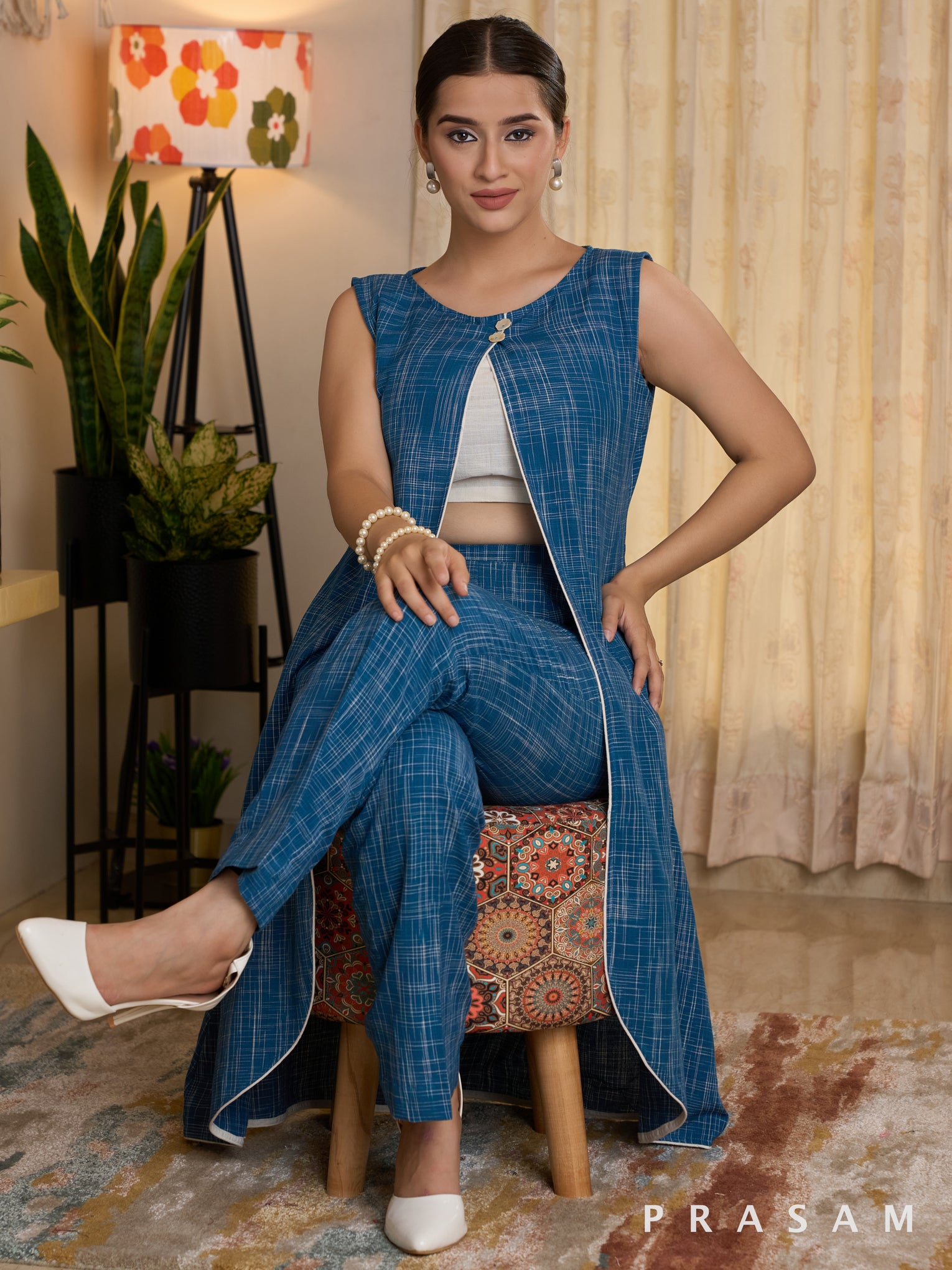 Aegean Blue Handloom Top and Pant Set with Inner Tunic