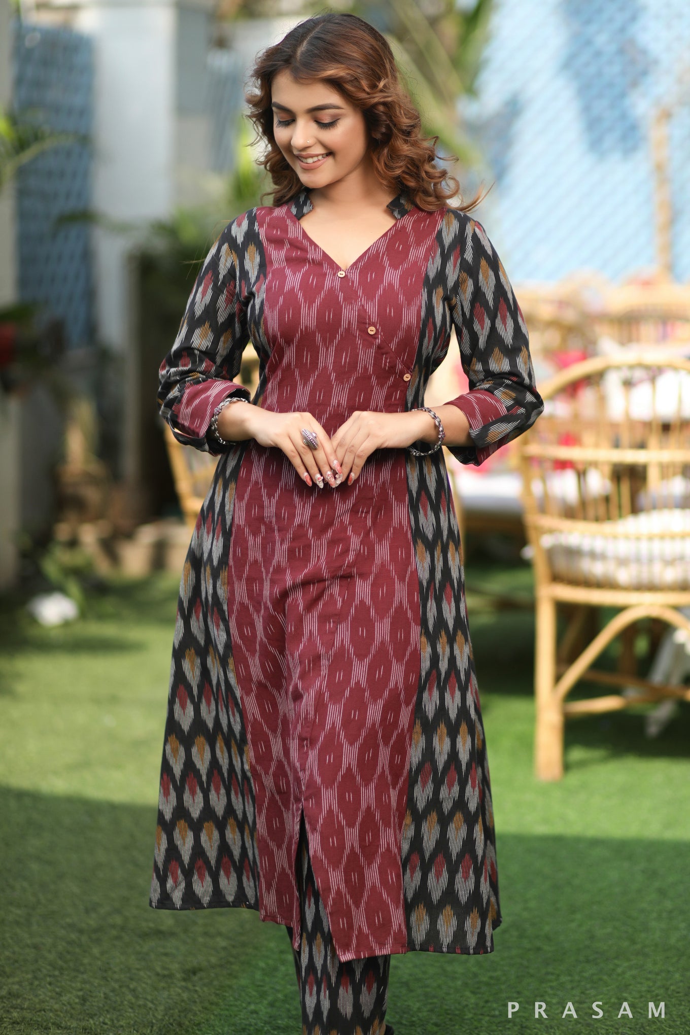 Ikat Eleganza - Smart Maroon And Black Ikat Combination Kurta (Optional Pants)