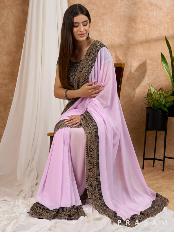 Mehak - Lavender Mauve Georgette Saree with Ajrakh Border