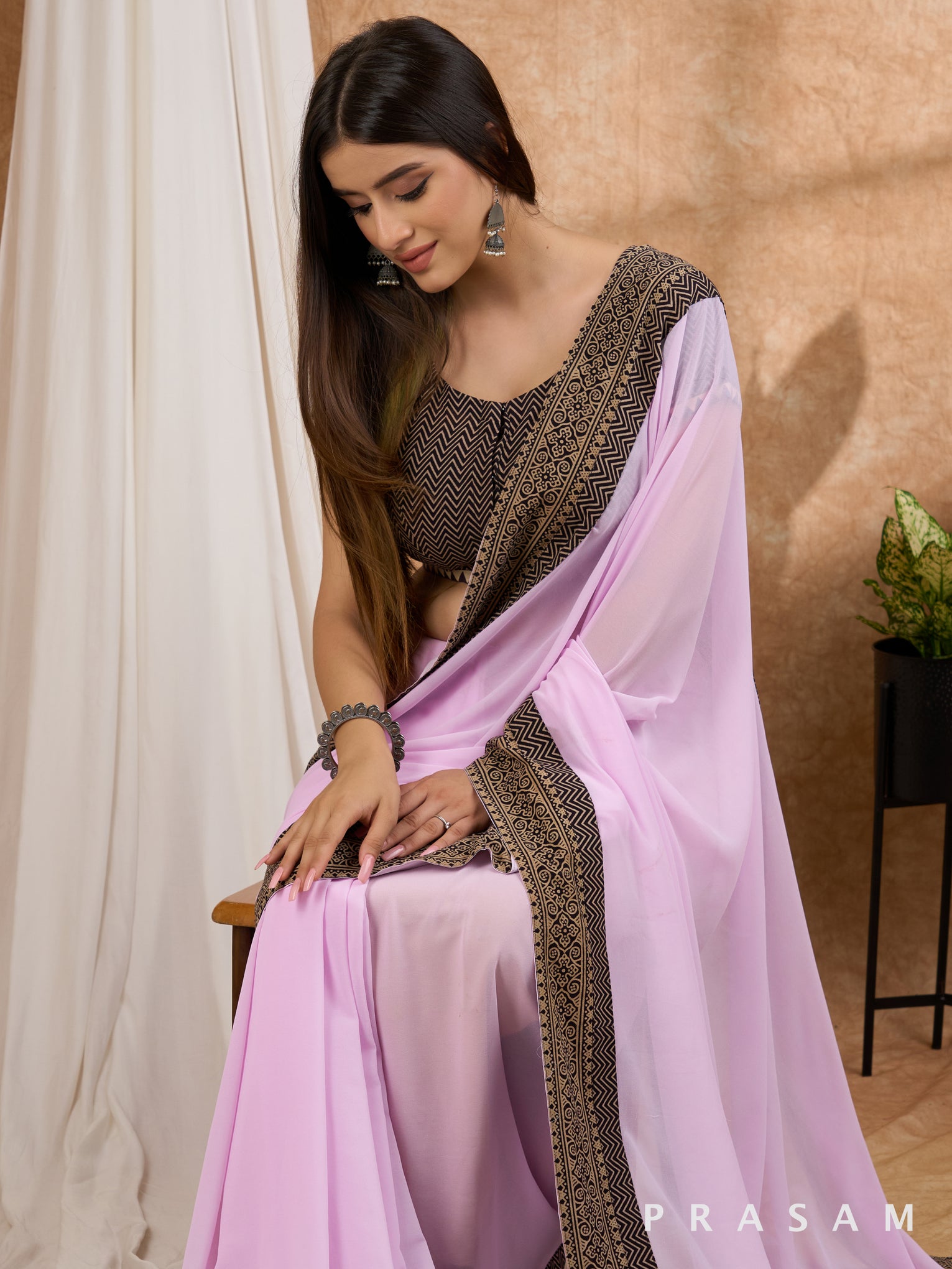 Mehak - Lavender Mauve Georgette Saree with Ajrakh Border