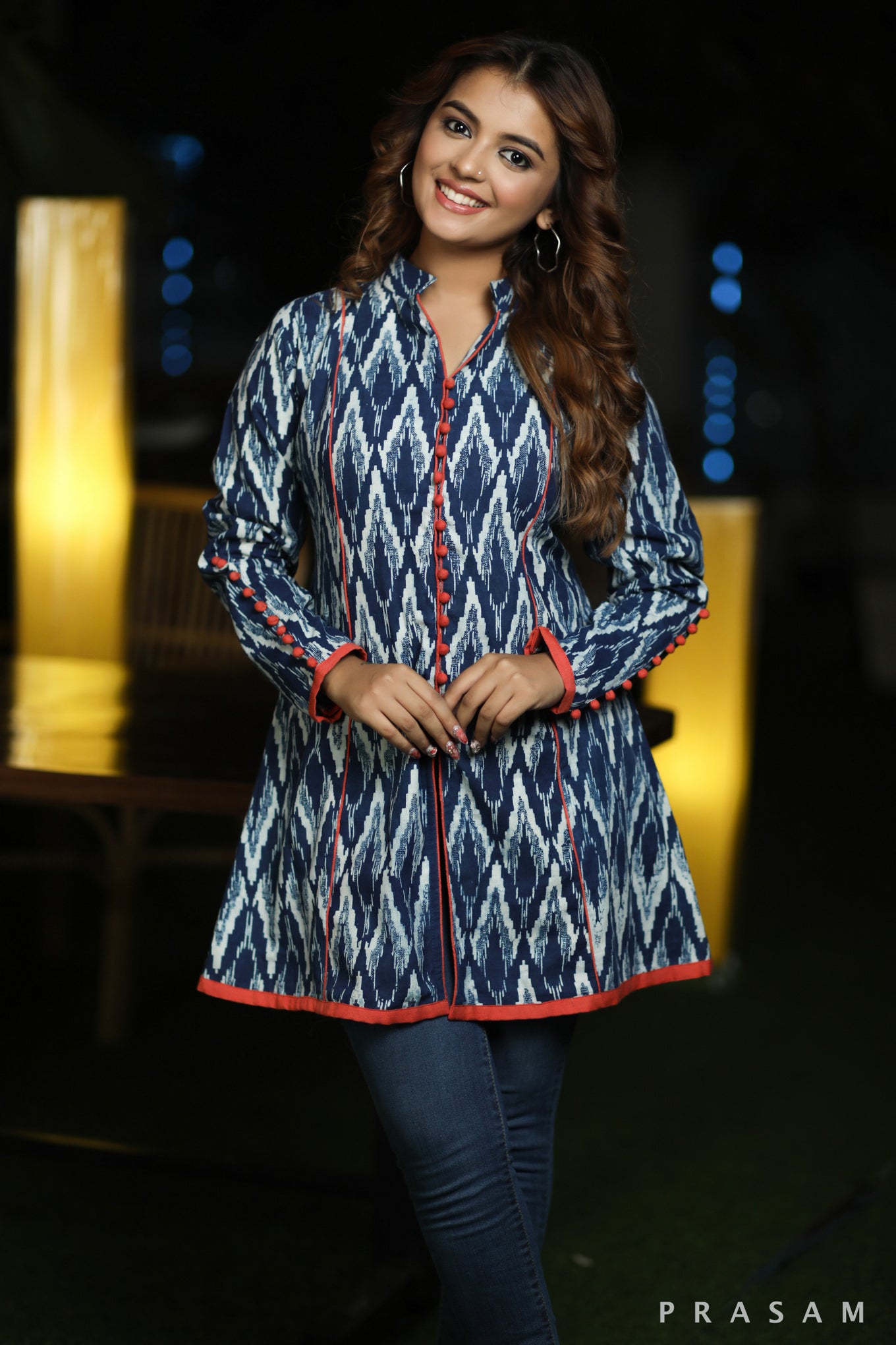 Modern Indigo Melody Stunning Cotton Indigo Bagru Tunic With Orange Trims