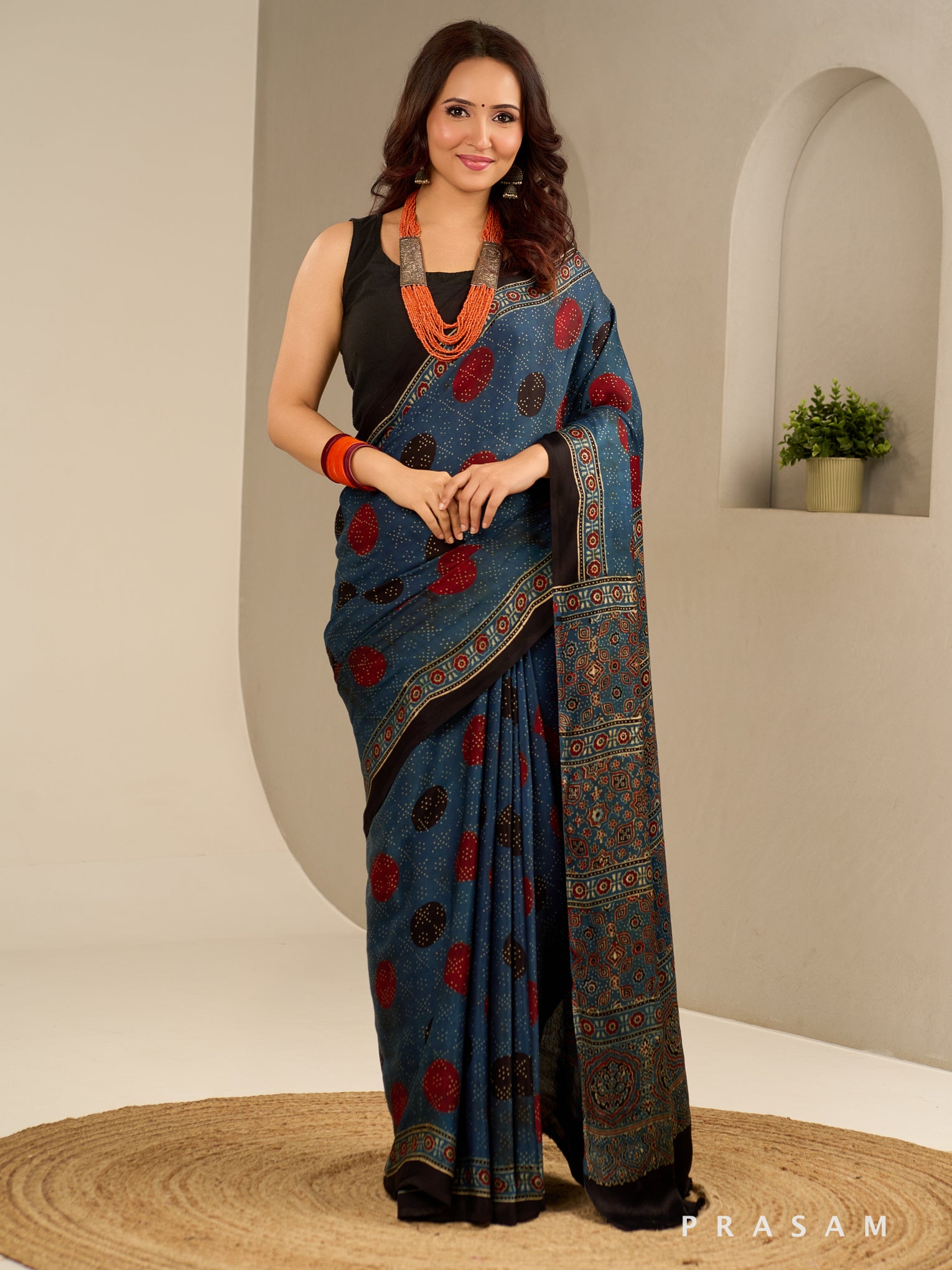 Ink Wave Ajrakh Modal Silk Saree.