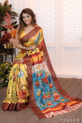 Blossom Cascade Sleek heritage golden yellow checks & floral handpainted silk saree