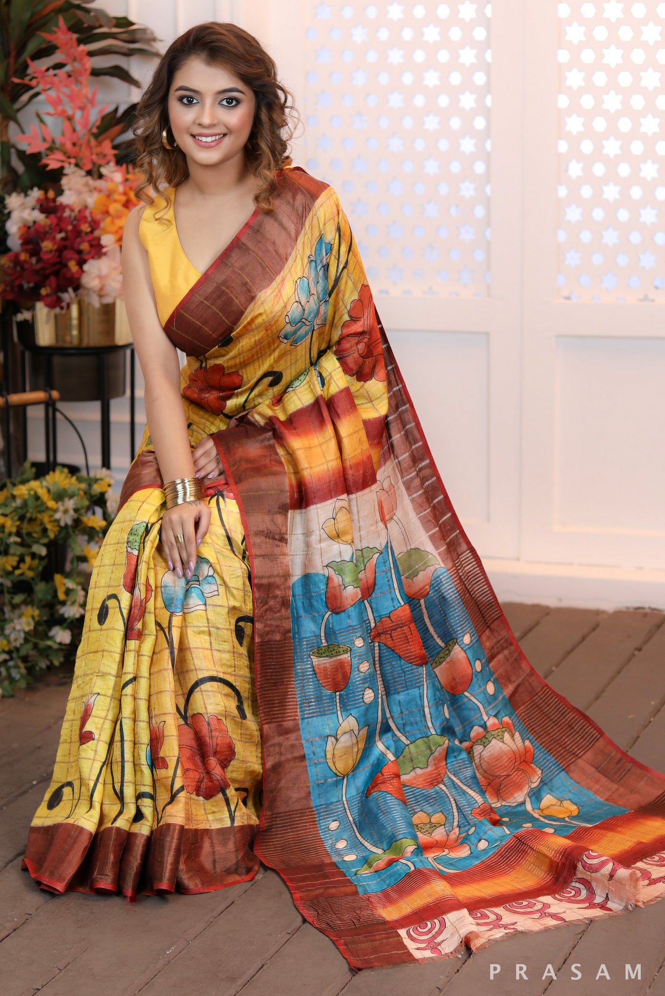 Blossom Cascade Sleek heritage golden yellow checks & floral handpainted silk saree