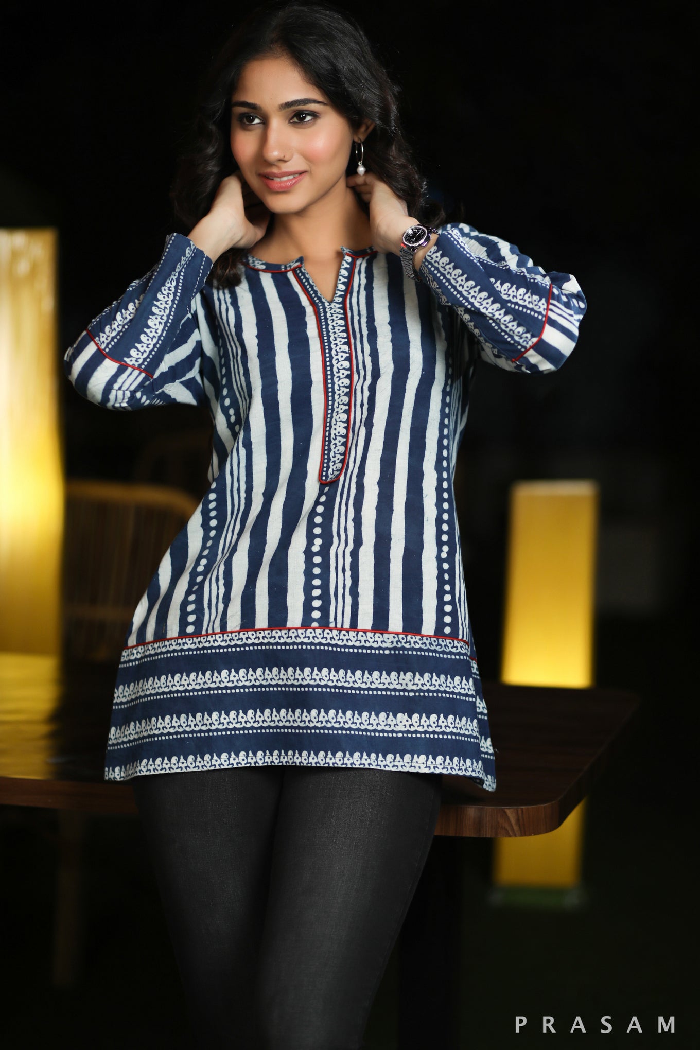 Effortless Indigo Smart Indigo Bagru Tunic With Piping Details