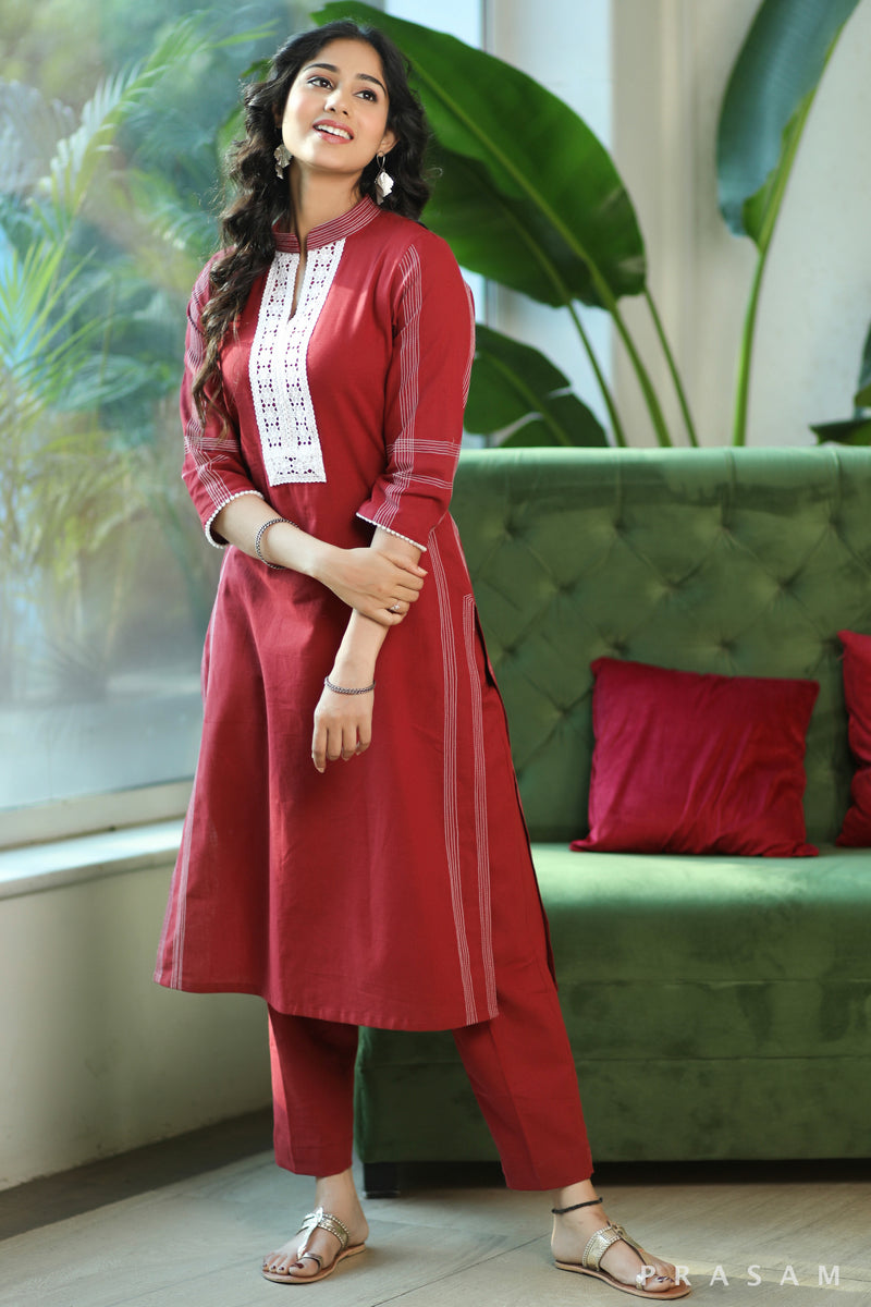 Ethno Stitches- Designer Handloom Cotton Kurti With Lace And Stitched Detailings (Pants Optional)