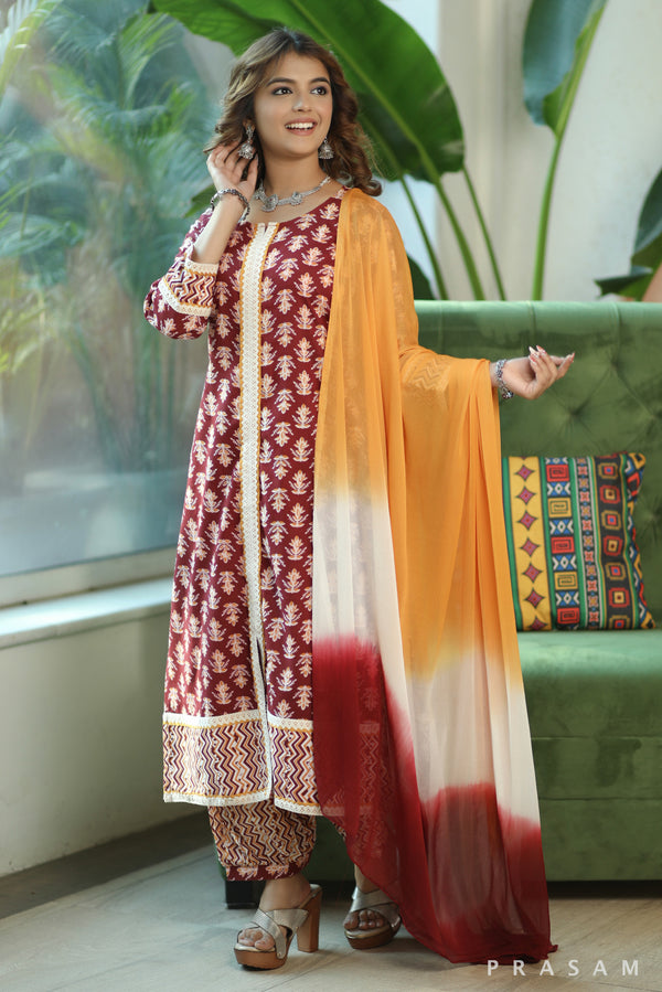 Ruby Radiance  Elegant Soft Cotton Printed Kurta With Lace Trims And Afghani Salwar (Optional Dupatta)