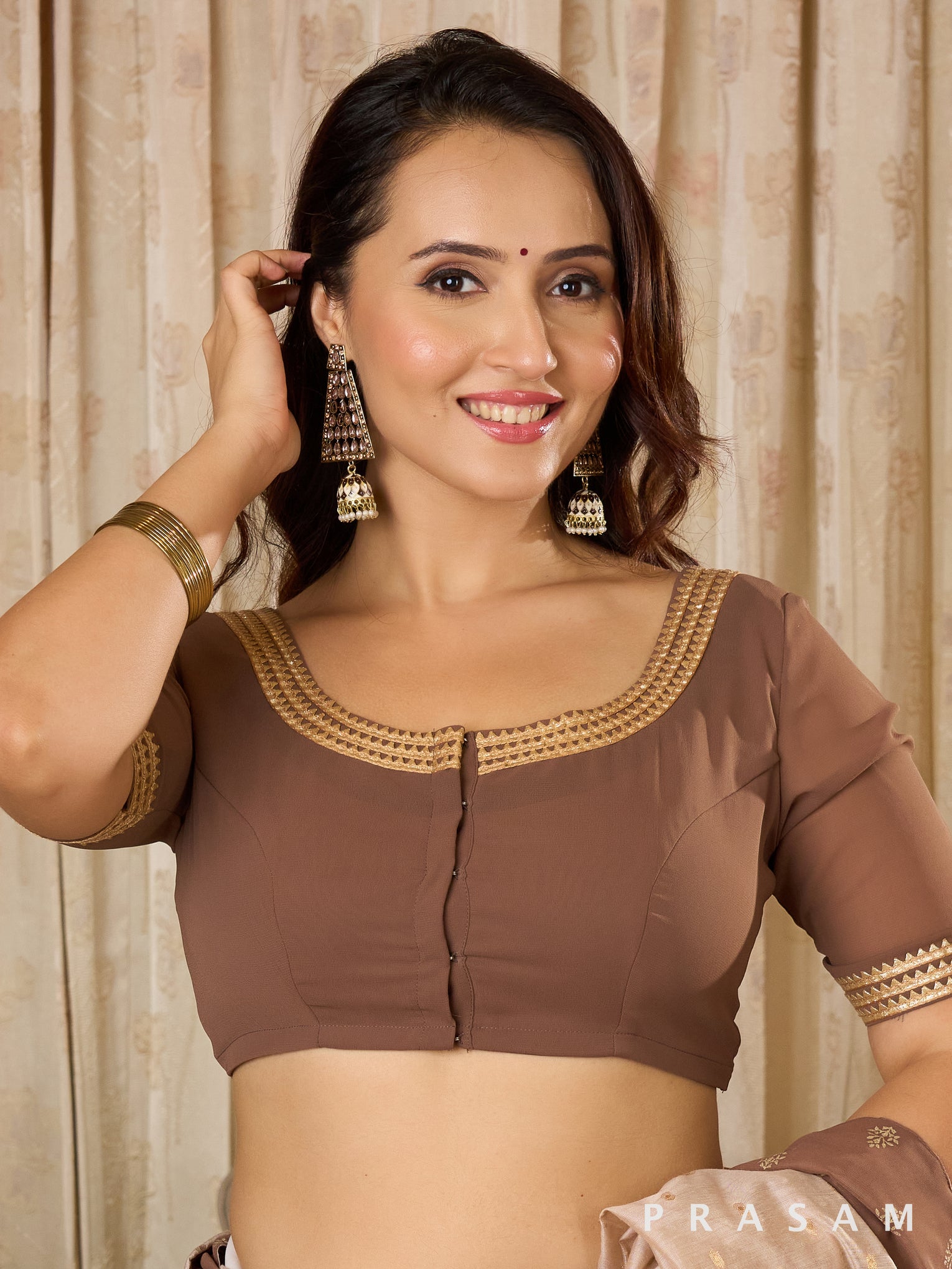 Brown Georgette Blouse with Gota Detailings