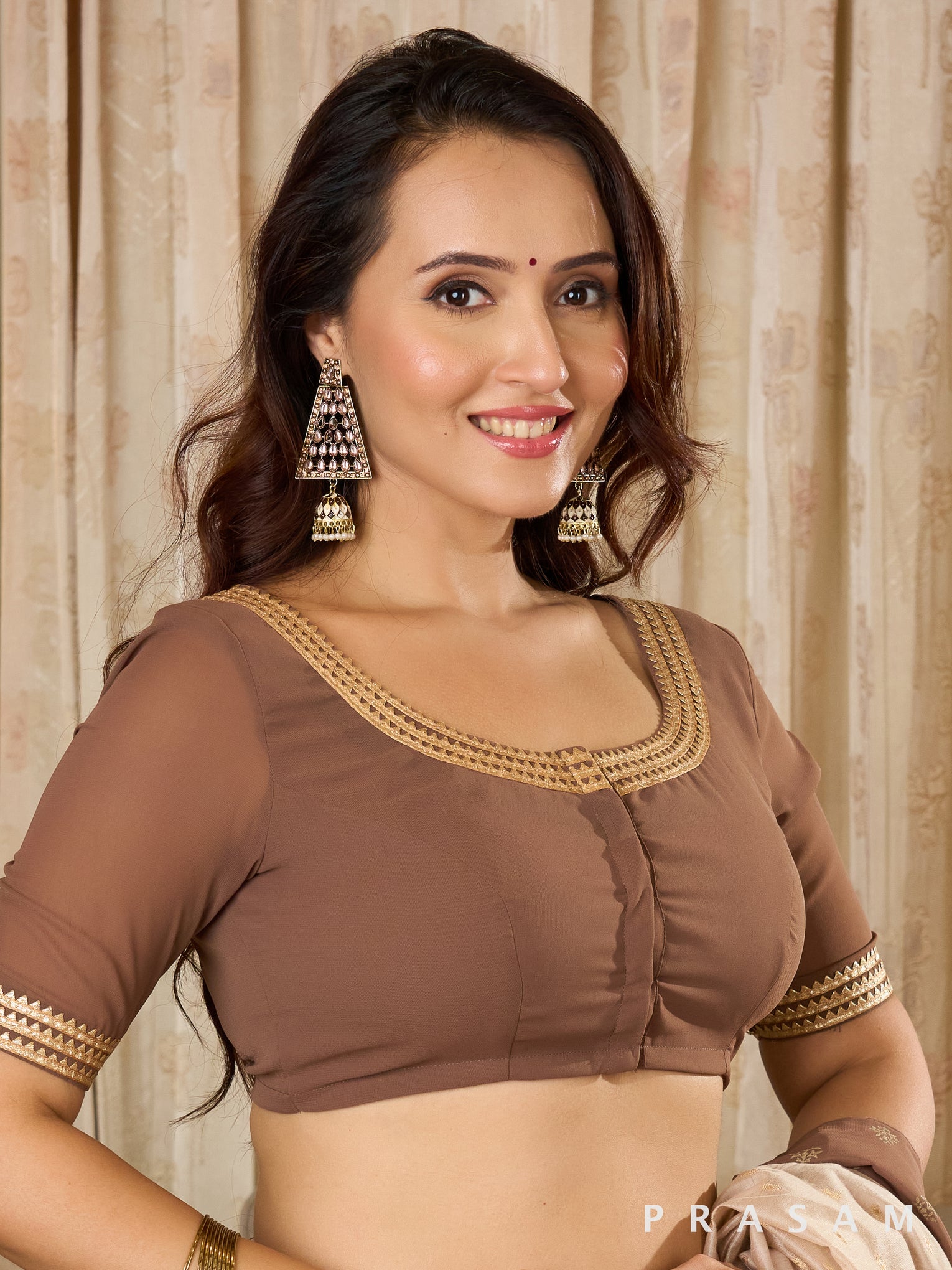 Brown Georgette Blouse with Gota Detailings