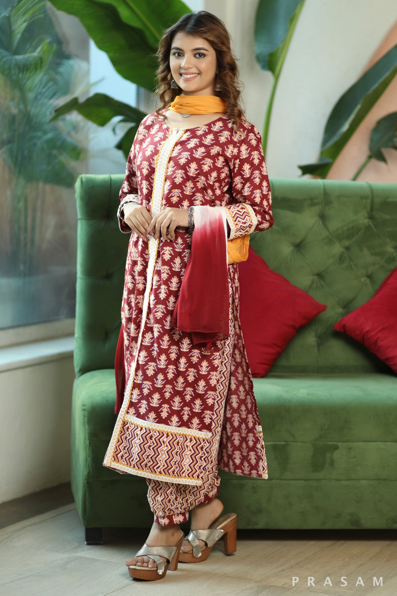 Ruby Radiance  Elegant Soft Cotton Printed Kurta With Lace Trims And Afghani Salwar (Optional Dupatta)