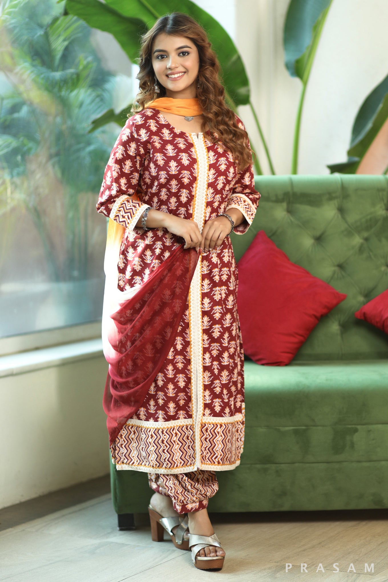 Ruby Radiance  Elegant Soft Cotton Printed Kurta With Lace Trims And Afghani Salwar (Optional Dupatta)