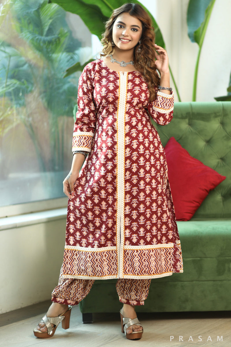 Ruby Radiance - Elegant Soft Cotton Printed Kurta With Lace Trims And Afghani Salwar (Optional Dupatta)